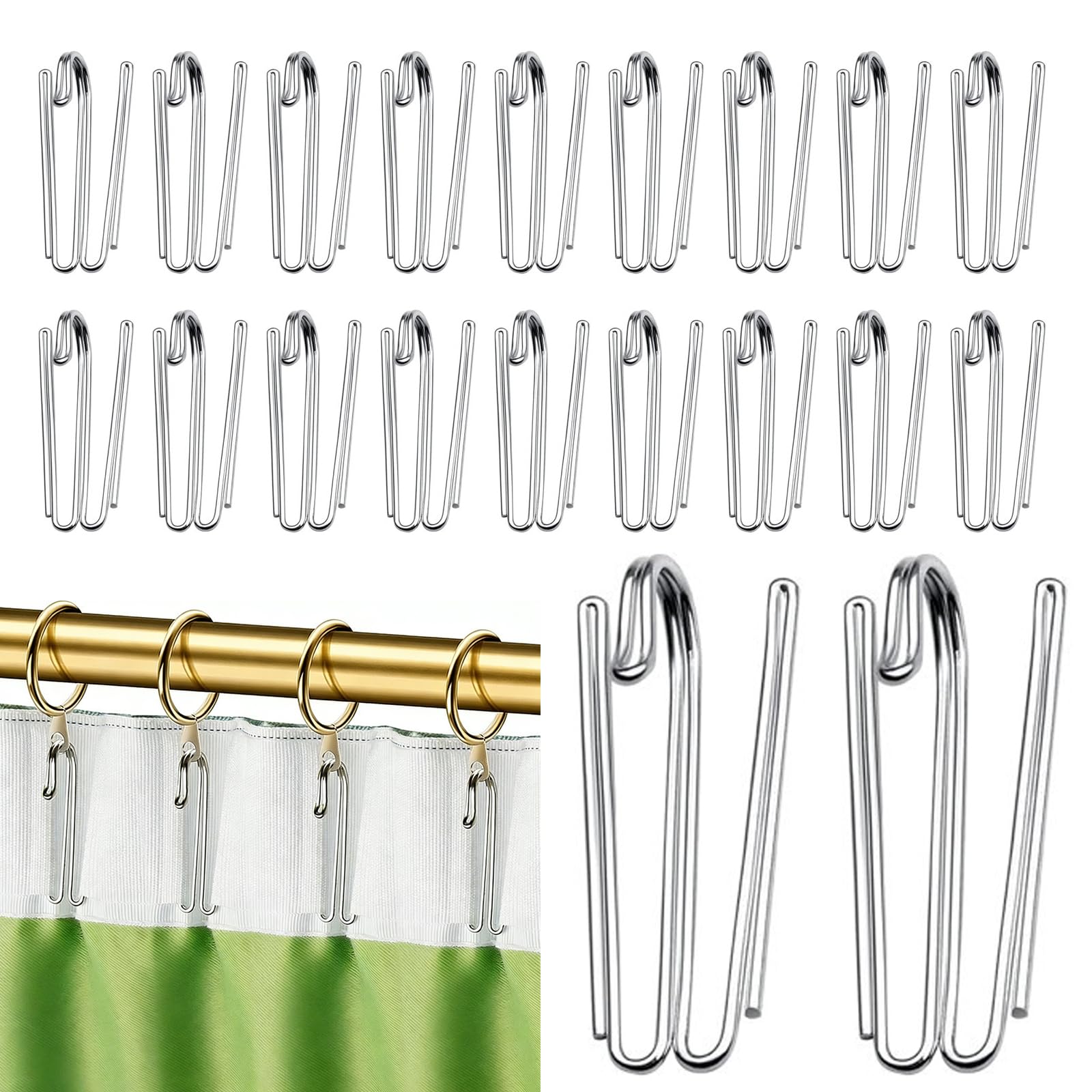 Metal Curtain Hooks Rustproof Stainless Steel Anti-Snag Pinch Pleat Pins Heavy Duty for Pencil Pleat Curtains Bathroom Window Header Tape Track Gliders Smooth Prongs Silver 20 Pack