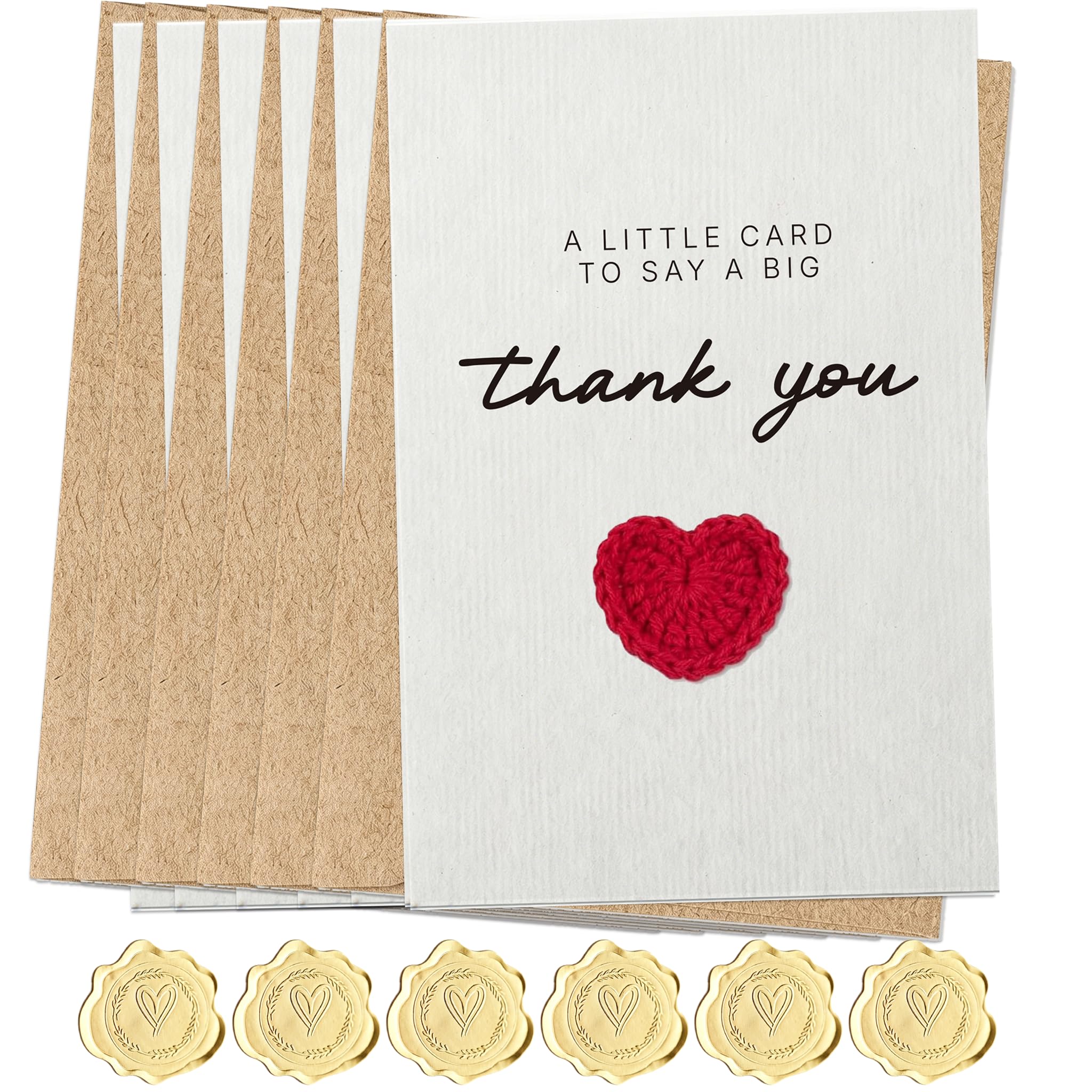 6 Thank You Cards 350GSM with Handmade Heart Gold Foil Stickers Envelopes