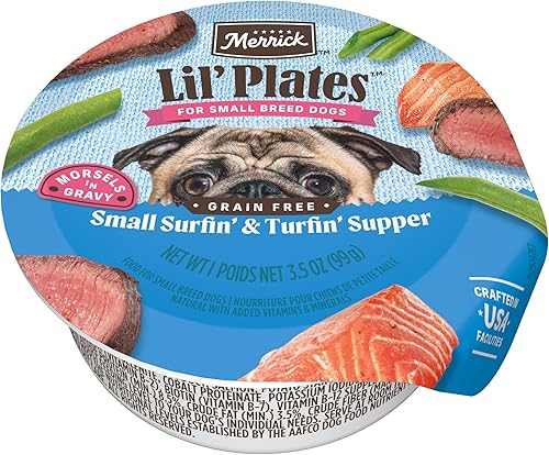 Merrick Lil' Plates - Alimento húmedo sin cereales para perros pequeños, receta Surfin' and Turfin' Supper, 3.5 onzas (paquete de 12)