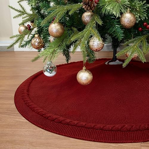 Miniatura 12 de WBHome - Collar para árbol de Navidad, ajustable de 28 pulgadas, punto de cable, punto grueso rústico, decoración navideña, anillo de árbol de Beige