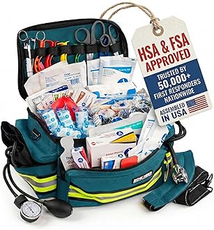First Responder Fully-Stocked Professional Essentials EMT/EMS Trauma Kit | HSA/FSA Approved | Reflective Bag w/8 Zippered Pockets & Compartments & 200+ First Aid Supplies - Blue