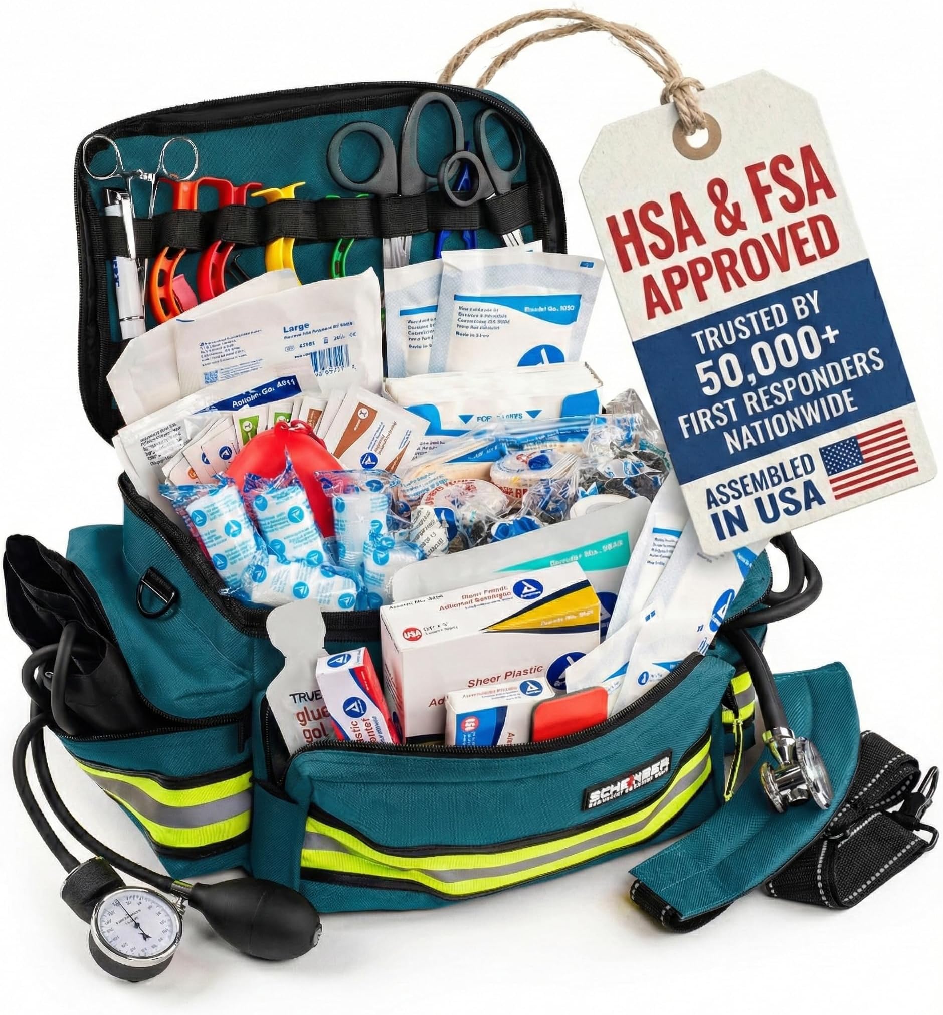 First Responder Fully-Stocked Professional Essentials EMT/EMS Trauma Kit | HSA/FSA Approved | Reflective Bag w/8 Zippered Pockets & Compartments & 200+ First Aid Supplies - Blue
