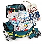 Scherber First Responder Fully-Stocked Professional Essentials EMT/EMS Trauma Kit | HSA/FSA Approved | Reflective Bag w/8 Zippered Pockets & Compartments & 200+ First Aid Supplies - Blue