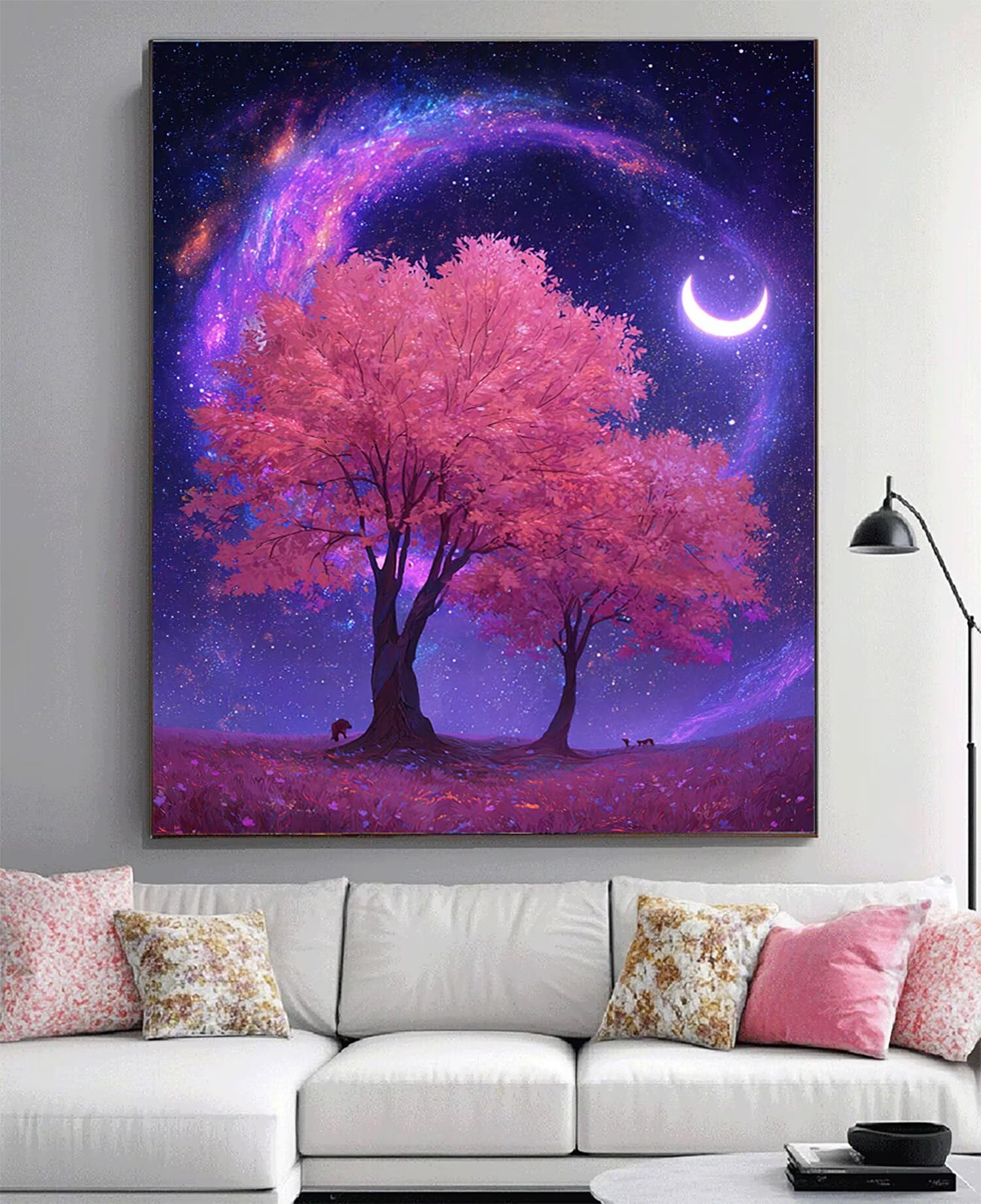 Obraz diamentowy duży 90 x 60 cm księżyc malarstwo diamentowe kompletny zestaw, DIY pełne wiertło drzewo mozaika kryształ górski malarstwo diamentowe, kryształowa sztuka malarstwo kreatywne koraliki
