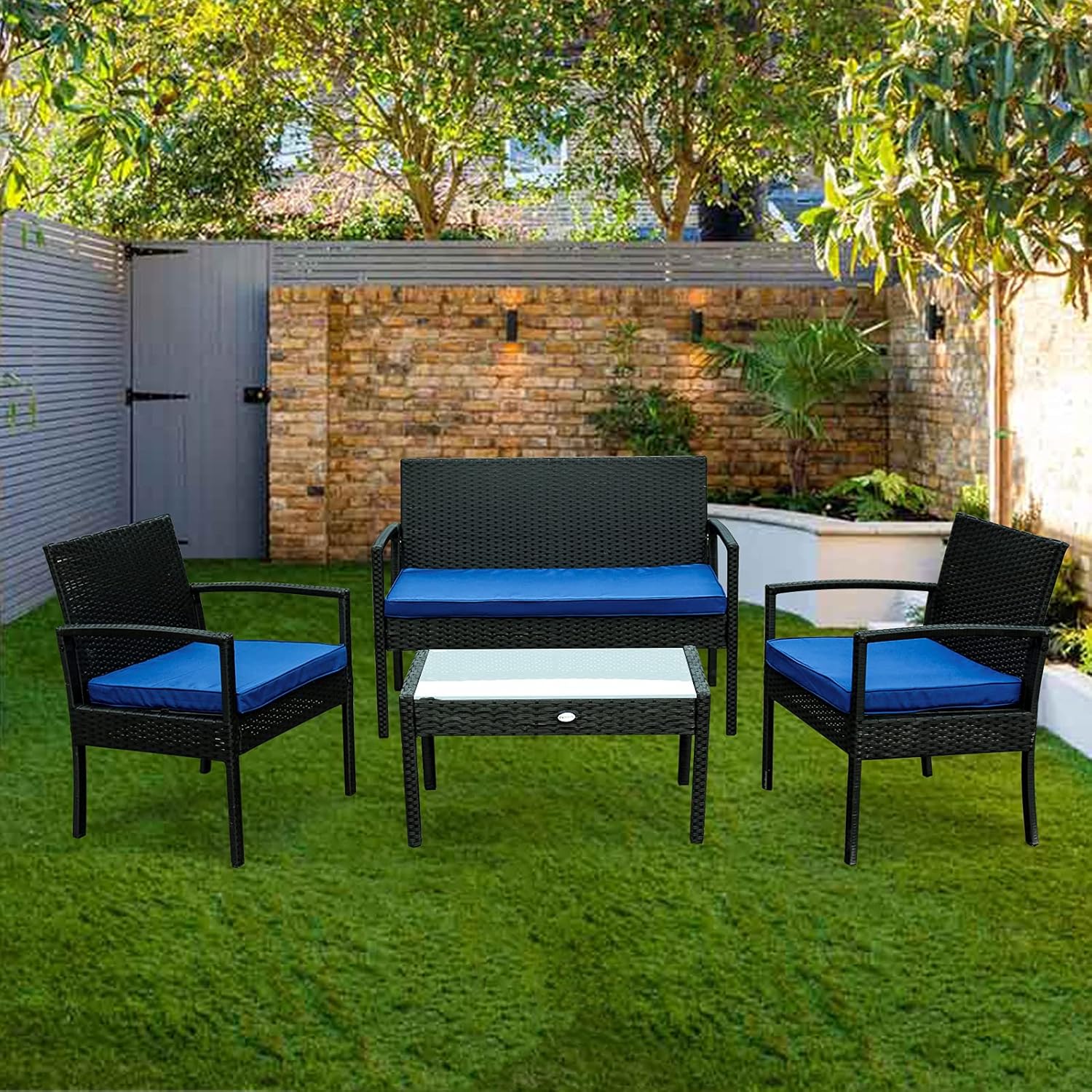 4 Piece Patio Porch Furniture Set, Outdoor Rattan Patio Furniture Sets, Patio Conversation Sets, Porch Deck Furniture, Wicker Patio Chairs and Table, Blue : Patio, Lawn & Garden