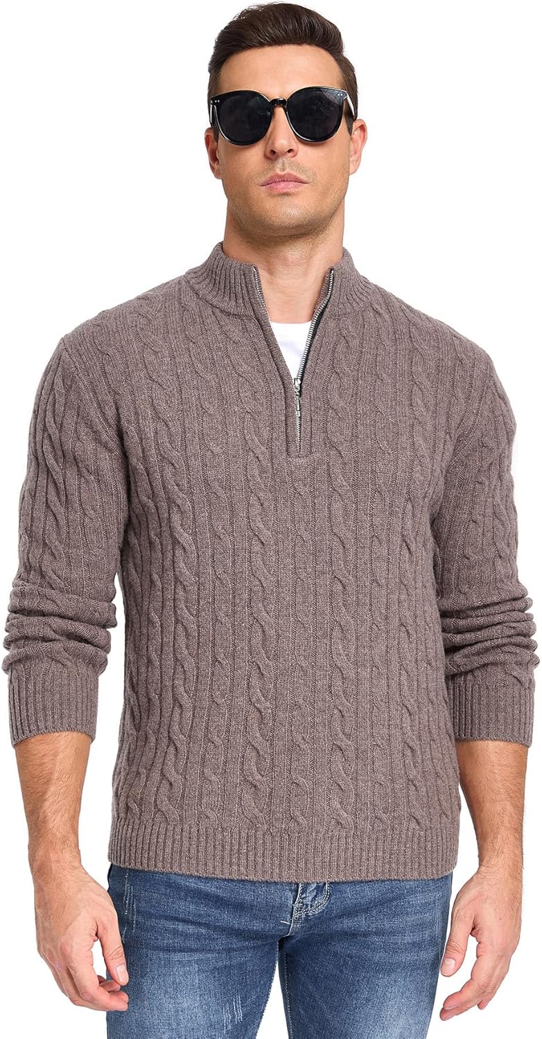 Men's 100% Wool Cable Knitted Quarter Zip Pullover Sweater Tops - Image 3