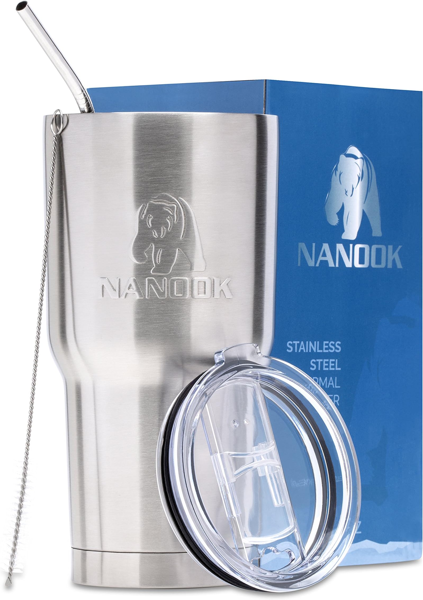 Nanook Tumbler Travel Mug, 30 oz. Stainless Steel Double-Wall Vacuum Insulated for Ice Cold Drink and Hot Beverages, with Clear Lid, Stainless Steel Straw and Cleaning Brush in Gift-Ready Box