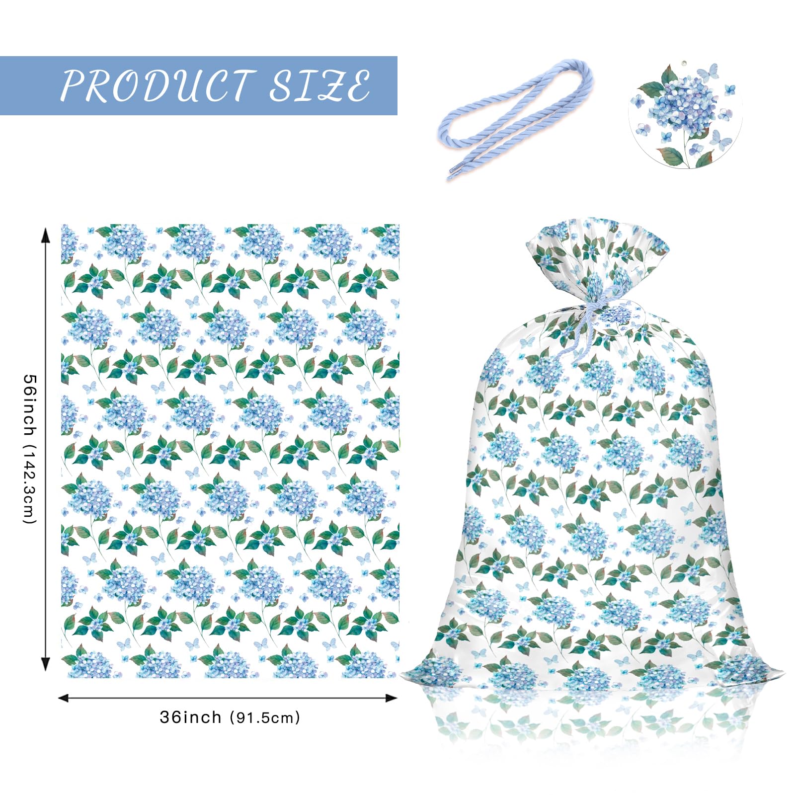 WRAPAHOLIC 56" Large Hydrangea Floral Plastic Gift Bag - Blue Hydrangea Flower Jumbo Bike Bag Gift Wrap for Wedding, Birthday, Bridal Shower, Tea Party - 56" H x 36" W