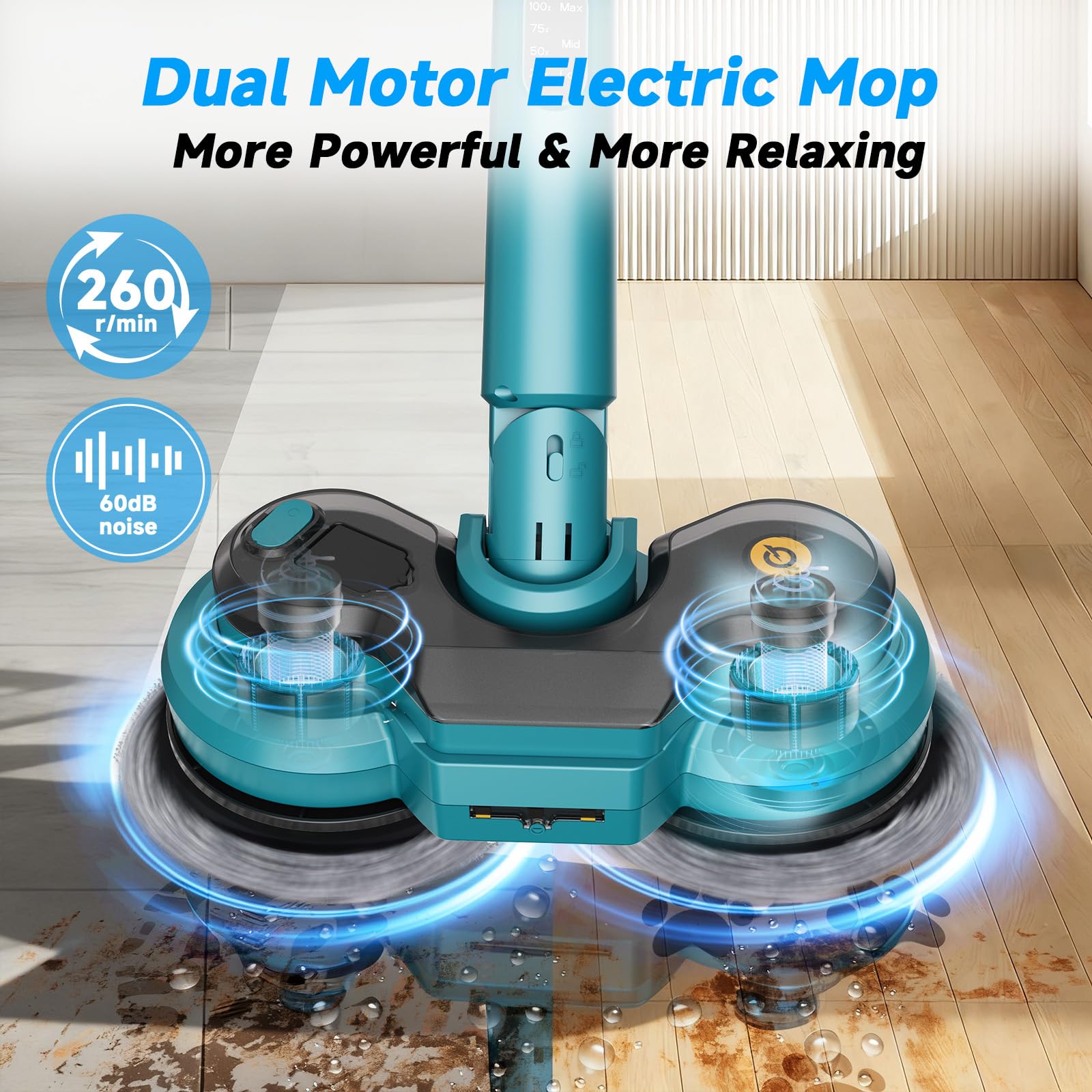 Mopa eléctrica inalámbrica, fregona de limpieza de pisos de doble giro con 2 baterías de 2000 mAh, pulverizador de agua/faros LED/pantalla inteligente/pulidora de suelo de mano de 400 RPM con tanque