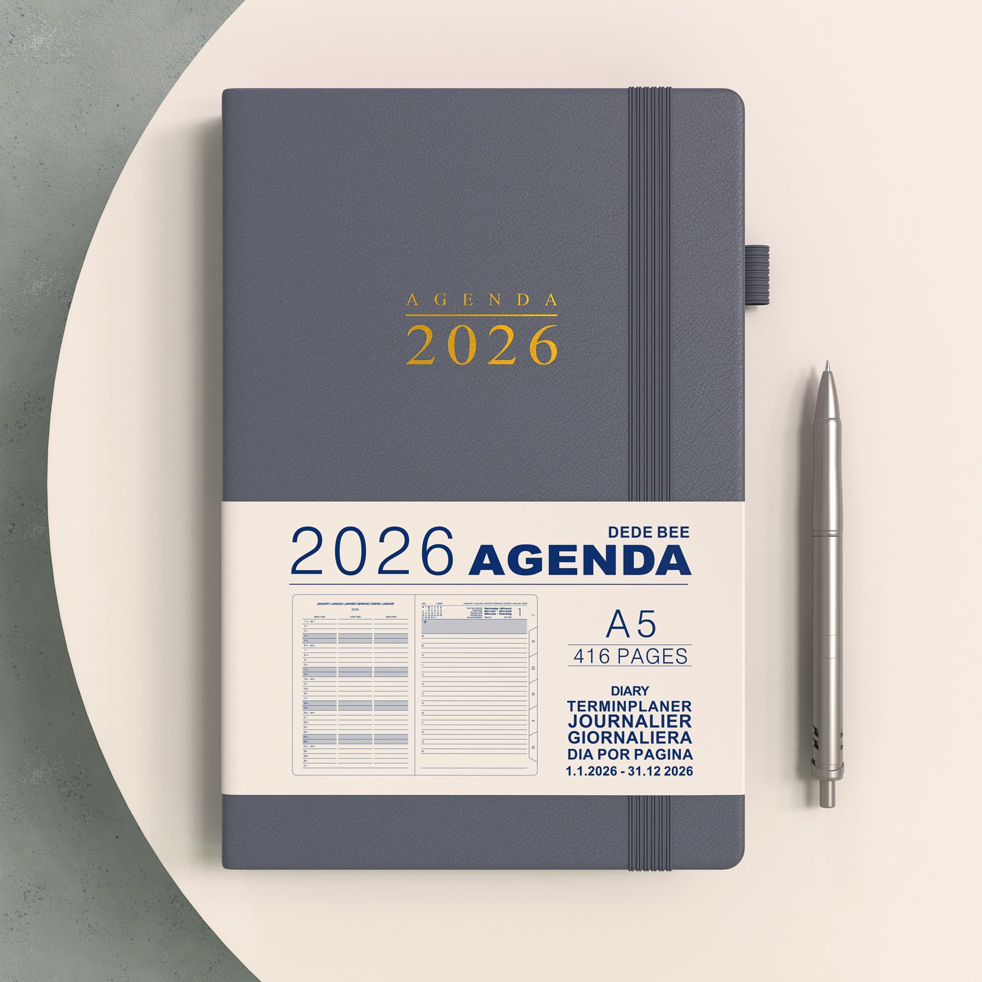 DeDe Bee Agenda 2025-2026 – A5 Weekplanner, 18 Maanden, Meertalig, 80g/m² Papier, Kunstlederen Kaft, Met Lintmarkeringen