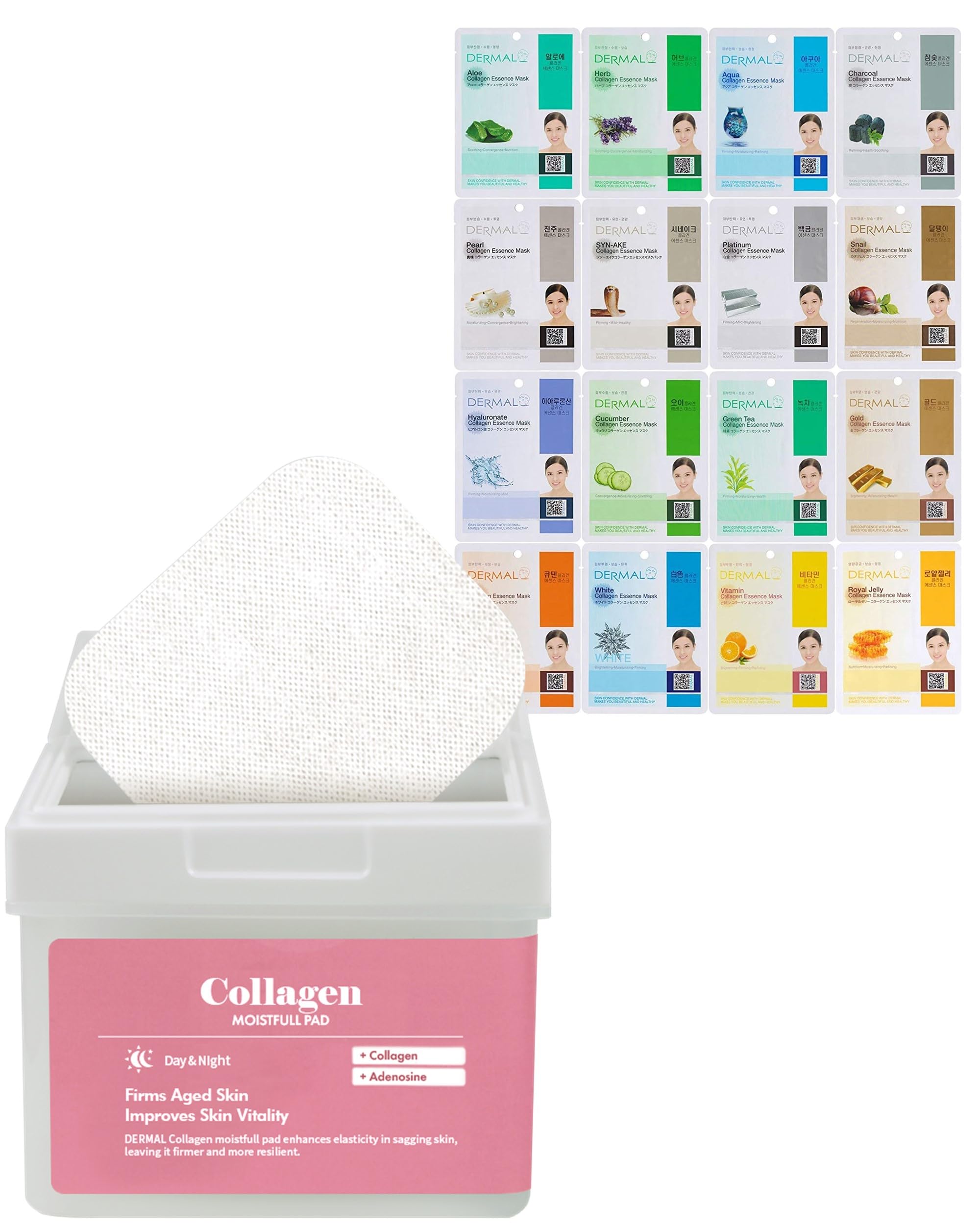 DERMAL16 Combo Pack A Collagen Essence Korean Face Mask & Collagen Moistfull Toner Pads Bundle