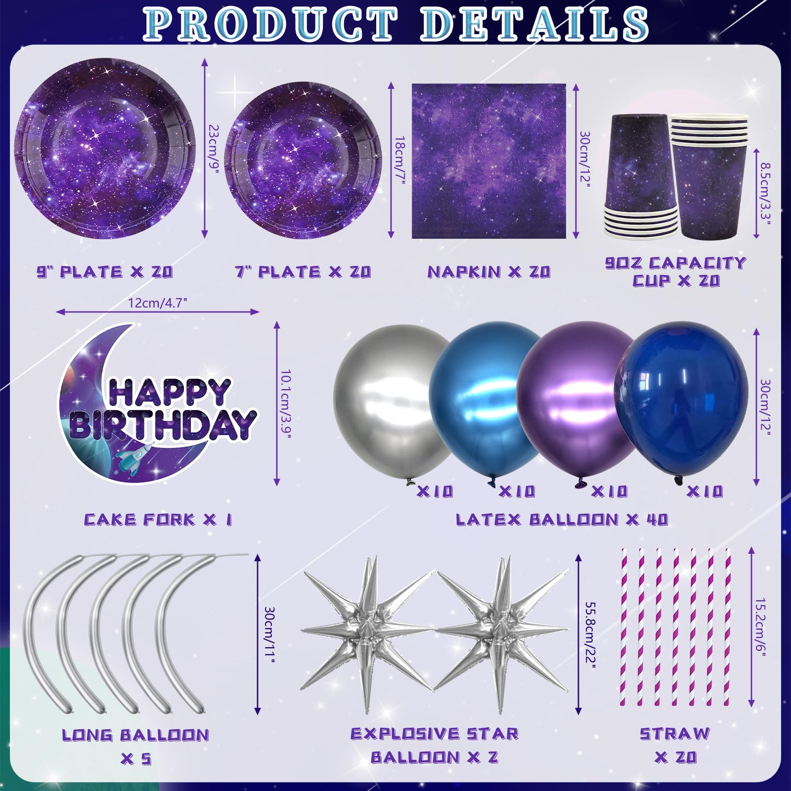 Galaxy Party Plates, Napkins, Cups Disposable Tableware Serves 24, Outer Space Birthday Dinnerware, Galaxy Space Party Decor