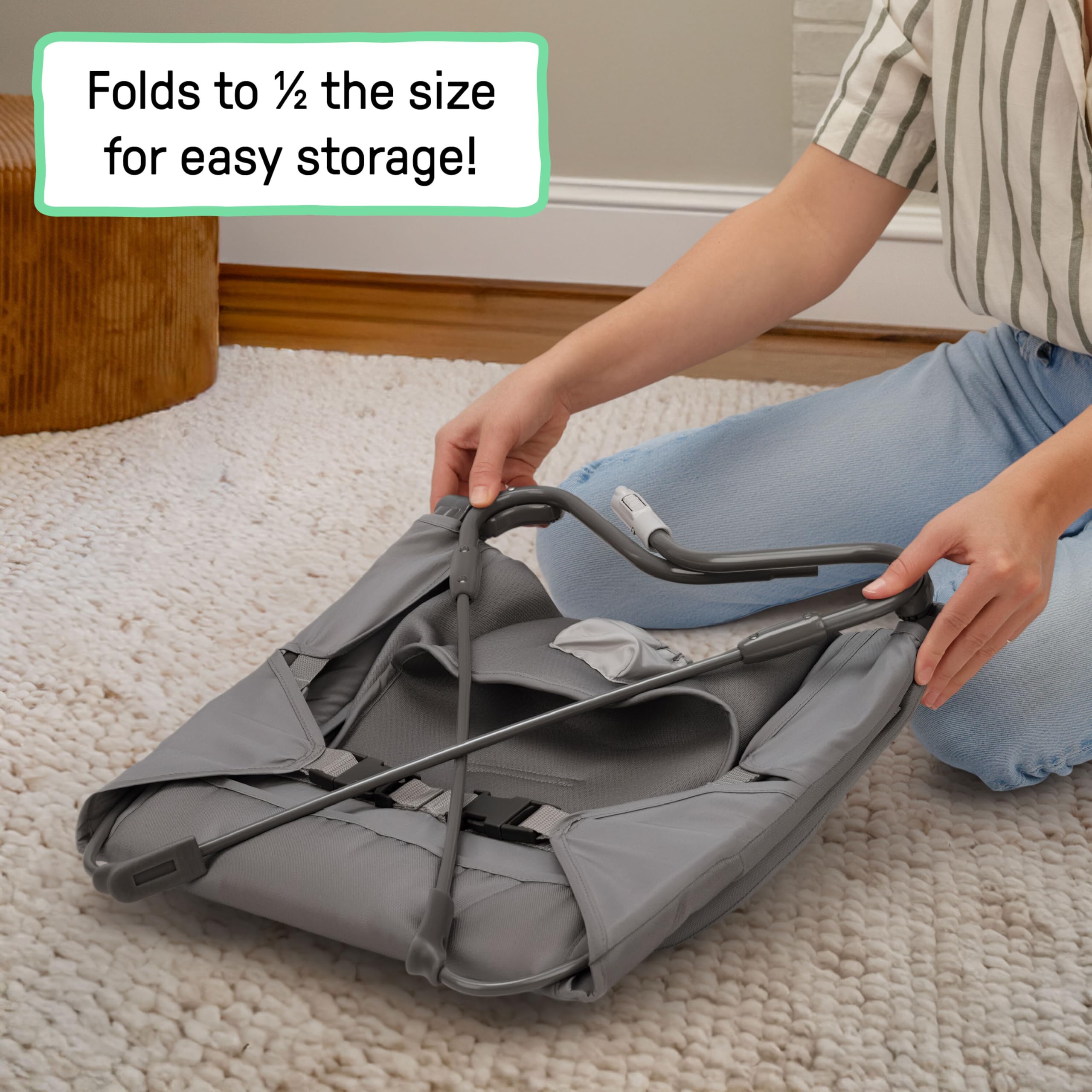 Ingenuity Hamaca Bebé Mecedora Stow & Go - Columpio Vibrante Portátil, Asiento Plegable Ligero 2,3 kg, Calmante Vibración, Gris