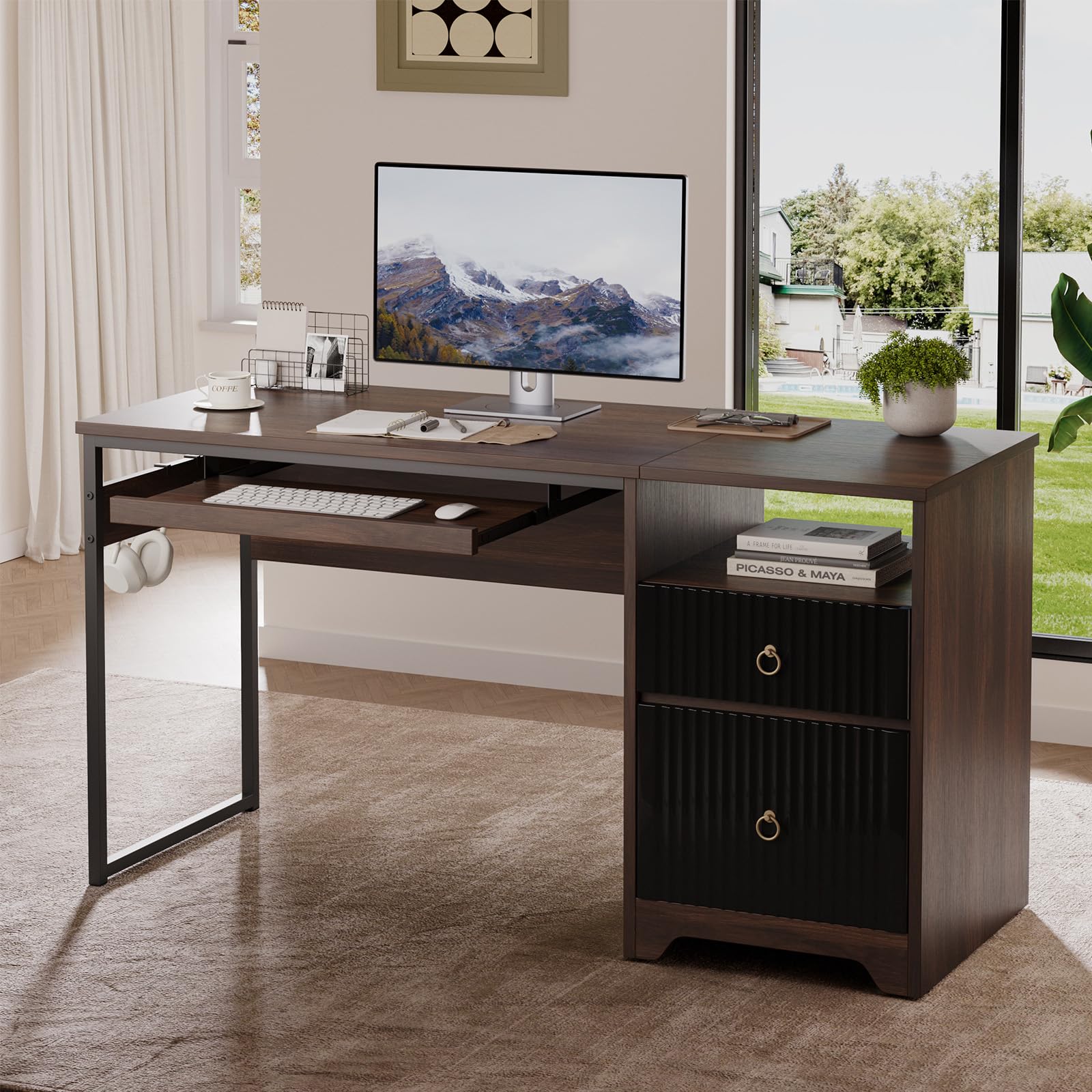 bestier 55 inch computer desk with keyboard tray, modern office desk with storage, wood writing desk with file drawer, fluted panel & 2 hooks for home office & studio, walnut
