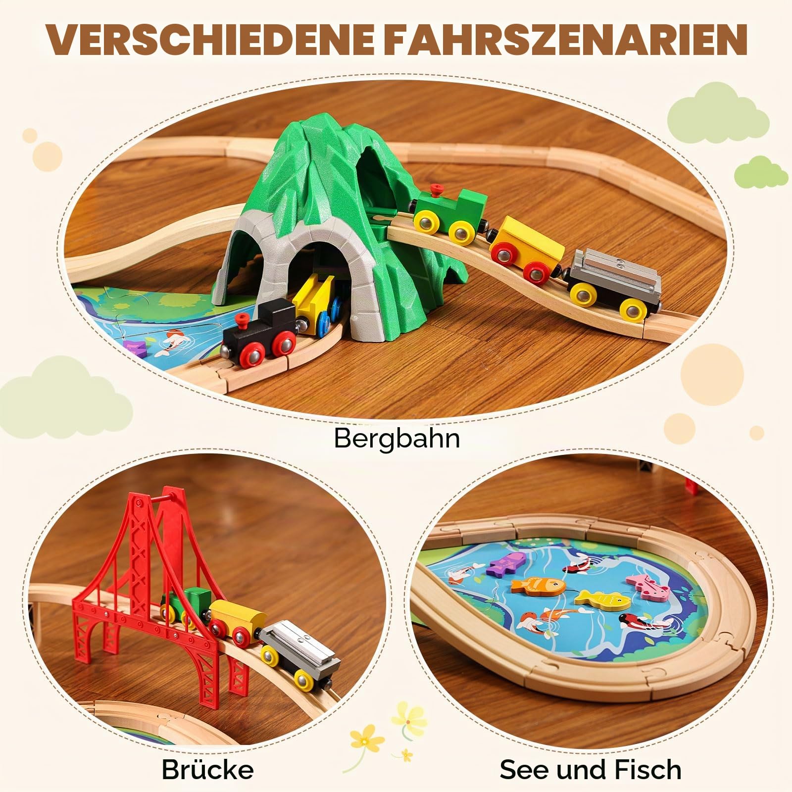 SainSmart Jr. Holzeisenbahn Set 112 Teile, Großes City Zugset mit Brücke, Tunnel, Kompatibel mit Brio, Thomas & Melissa & Doug, Geschenk für Kinder ab 3 Jahren