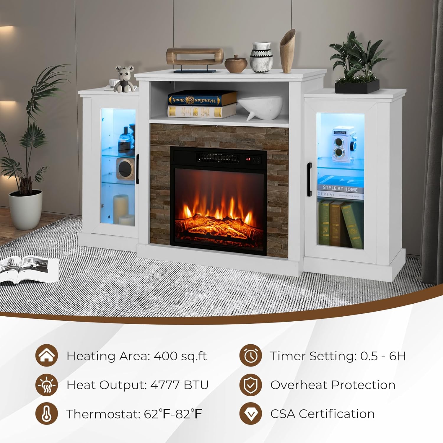 KOTEK Fireplace TV Stand, TV Console with Fireplace Insert, LED Lights & Adjustable Glass Shelves, Remote & App Control, Electric Fireplace Entertainment Center for Living Room Bedroom (White)