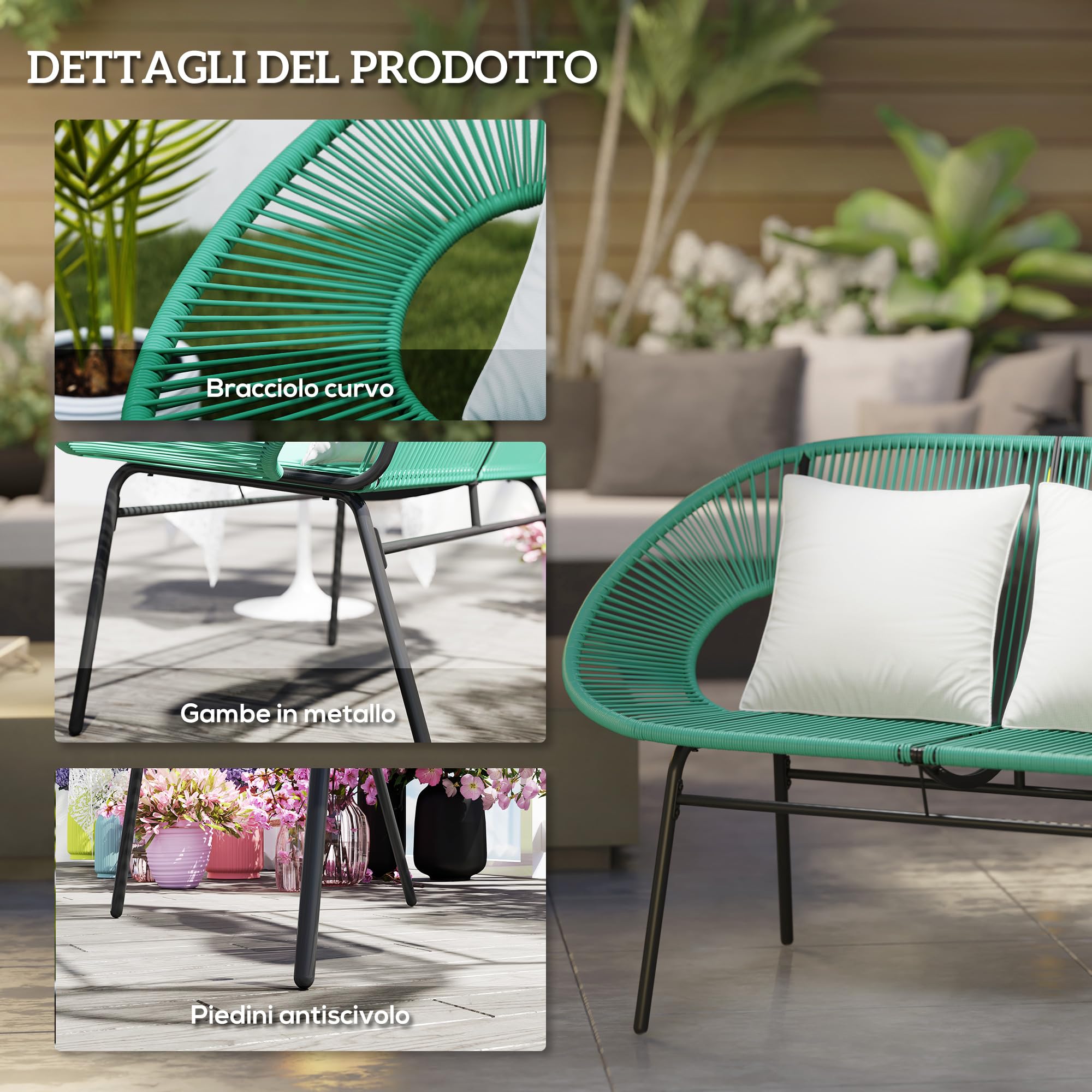 Outsunny Sofá de jardín de 2 plazas en ratán PE, sofá de Exterior con Cojines, reposabrazos y Estructura de Acero, Banco de Exterior, para terraza y Patio, 132 x 72 x 83 cm, Verde Oscuro