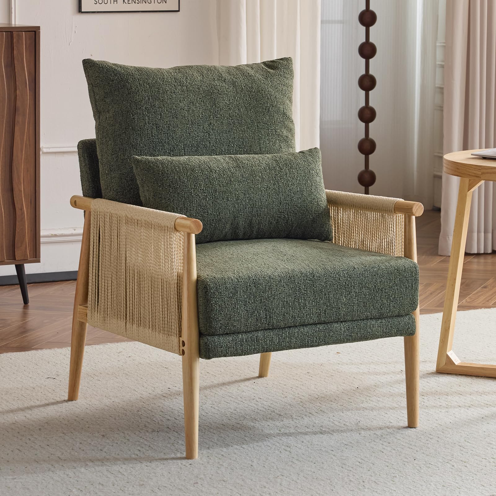 Bonnlo Rattan Chair,Mid-Century Modern Armchair with Solid Wooden Armrest,Comfy Louge Chair with Waist Pillow, Perfect for Bedroom,Living Room,Reading Room (Green)