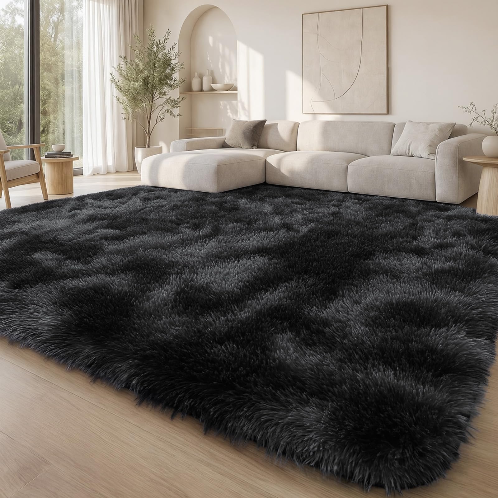 Homaxy Fluffy Shaggy Modern Rug, Anti-slip Washable Large Carpet, Thick Pile Bedside Rugs for Living room, Kids Bedroom, Nursery - Black, 160 x 220 cm
