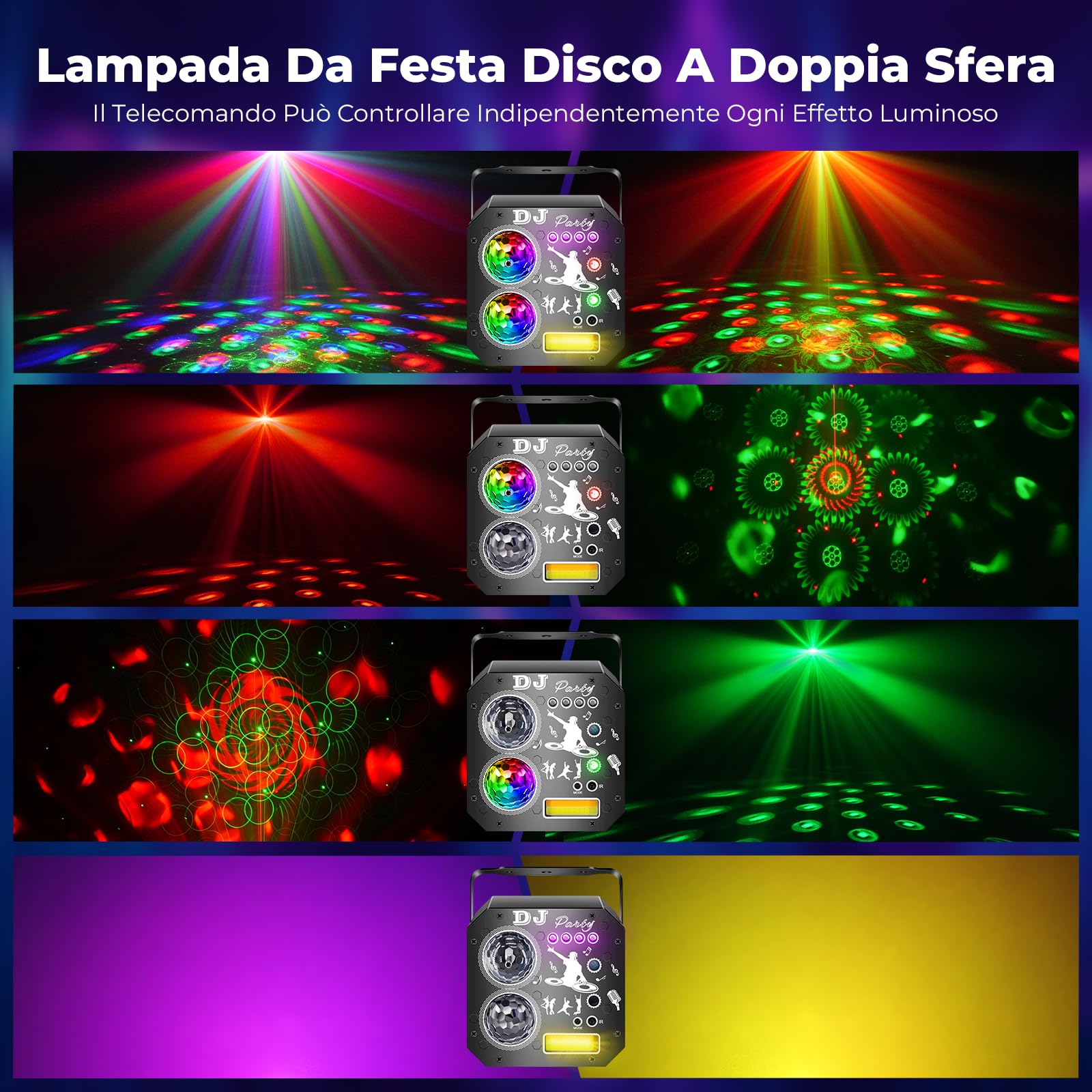 Luci Discoteca 7 in 1 con Doppia Sfera Disco, Luci DJ Attivata dalla Musica, Luci Discoteca da Esterno LED RGB, Luce UV, Luci Sfera Rotante per Club, Karaoke, Compleanno, Halloween, Natale