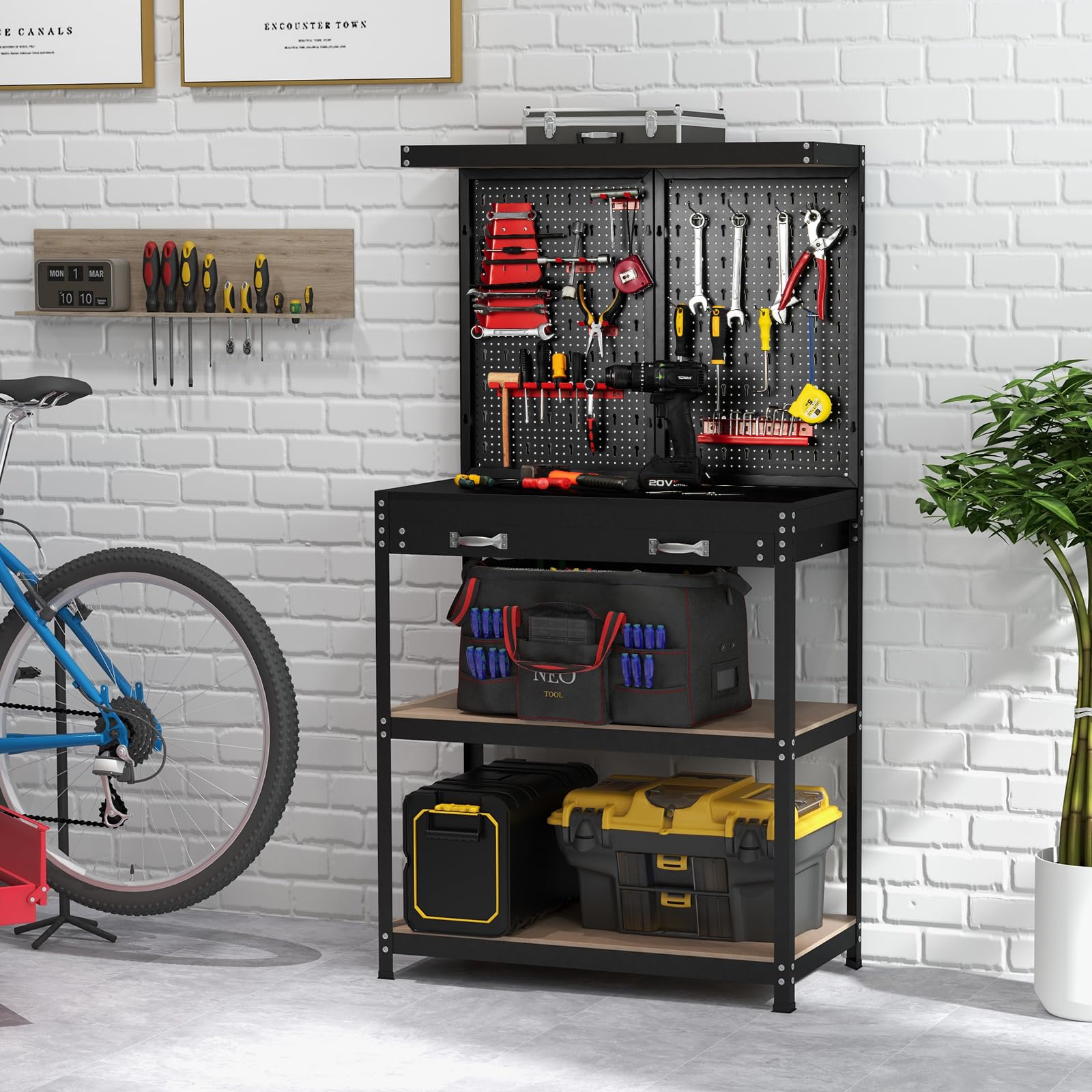 IRONMAX Banco da lavoro con cassetto, organizer per postazioni di lavoro resistente da 81 cm, con 14 kit da appendere, 2 ripiani e grande cassetto, tavolo da lavoro per garage, casa, officina, negozio