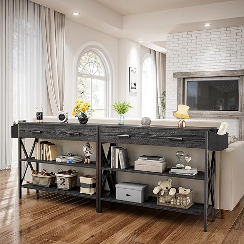 Miniatura 44 de Gizoon Mesa de entrada de 39 pulgadas con 2 cajones y estantes de almacenamiento de 3 niveles, mesa de sofá larga y estrecha industrial, mesa