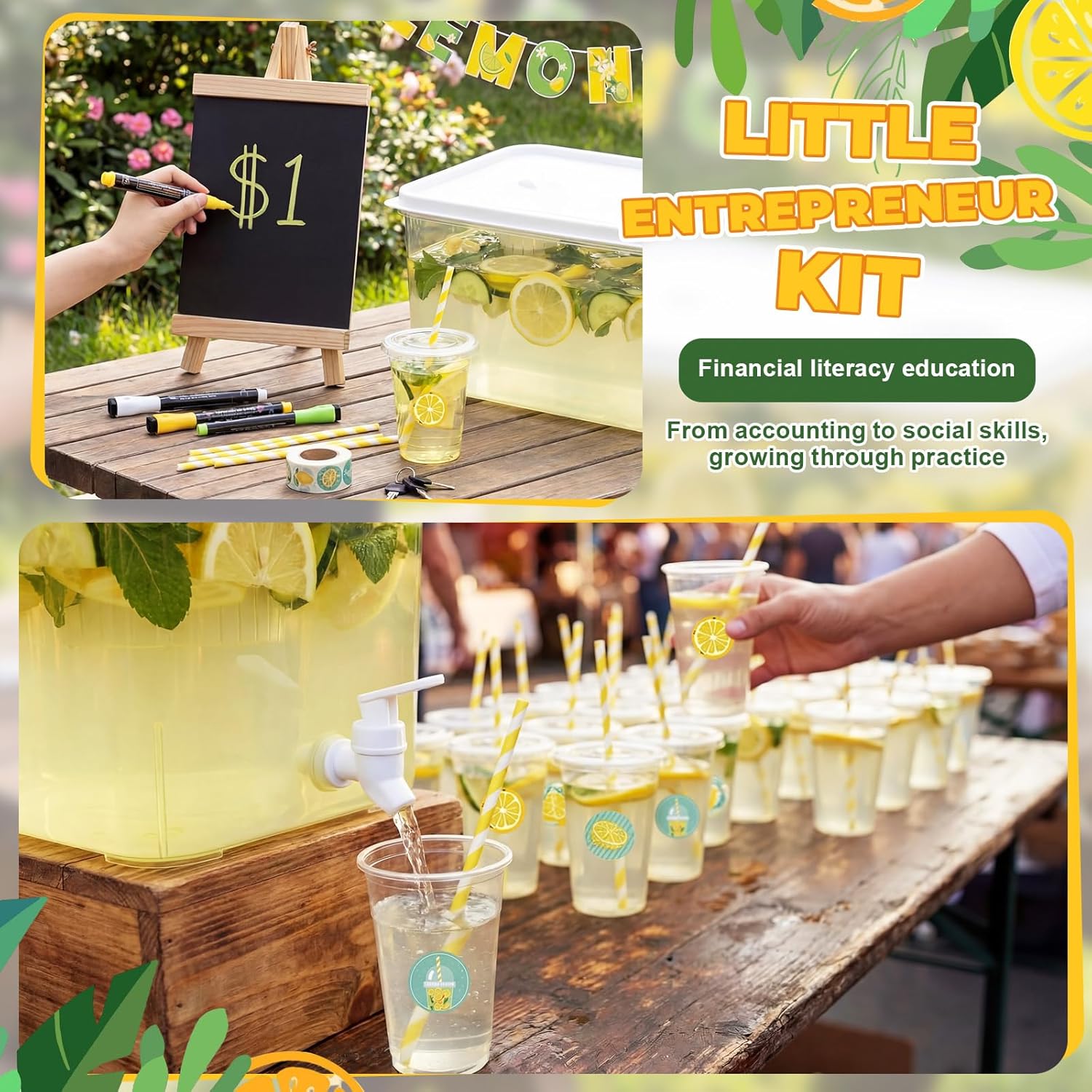 Havawish 3.4Gallon Lemonade Stand Supplies, Drink Dispenser with Spigot, 60 Set Plastic Cups with Lids & Straws, Lemon Banner, Money Storage Box, Chalkboard, Stickers for Summer Business & Fundraising