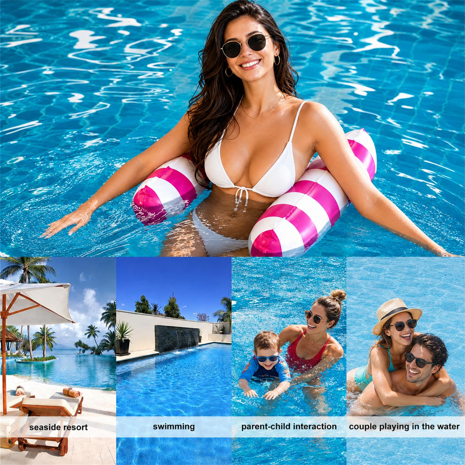 2 Piezas Colchoneta Hinchable Piscina Adultos 4 en 1, Hamaca Flotante con Red de Malla, Reposacabezas y Bomba Manual, Flotador Piscina Adulto Plegable para Piscina, Playa y Vacaciones