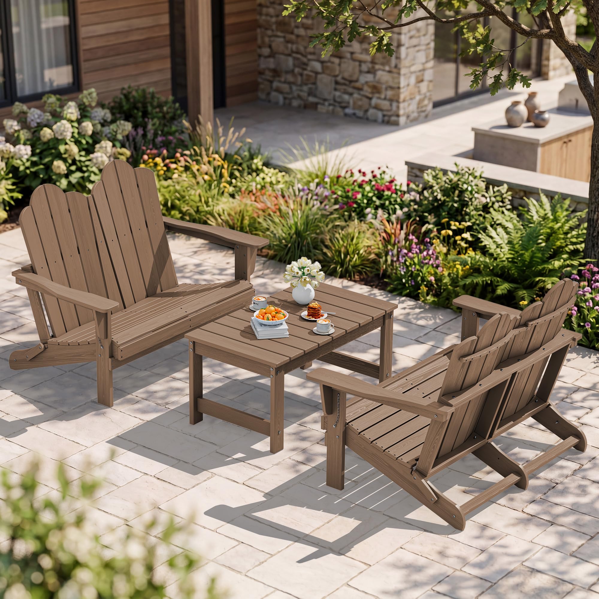 SERWALL 3-Piece Adirondack Bench Set, 2 Benches &amp; 1 Coffee Table, Brown