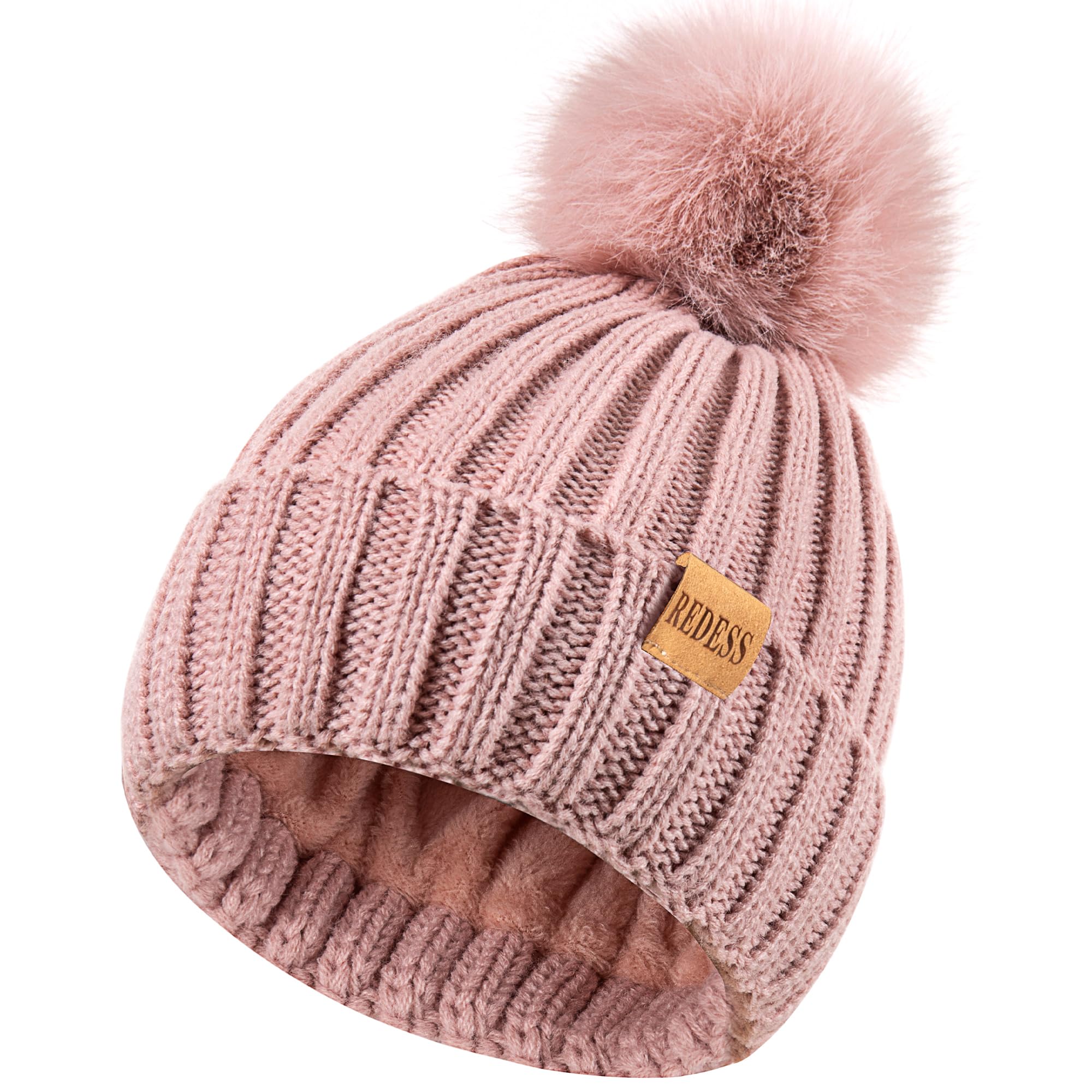 REDESS Womens Winter Knitted Beanie Hat Warm Fleece Lined with Pompom Cap Thick Slouchy Snow Knit Skull Cap