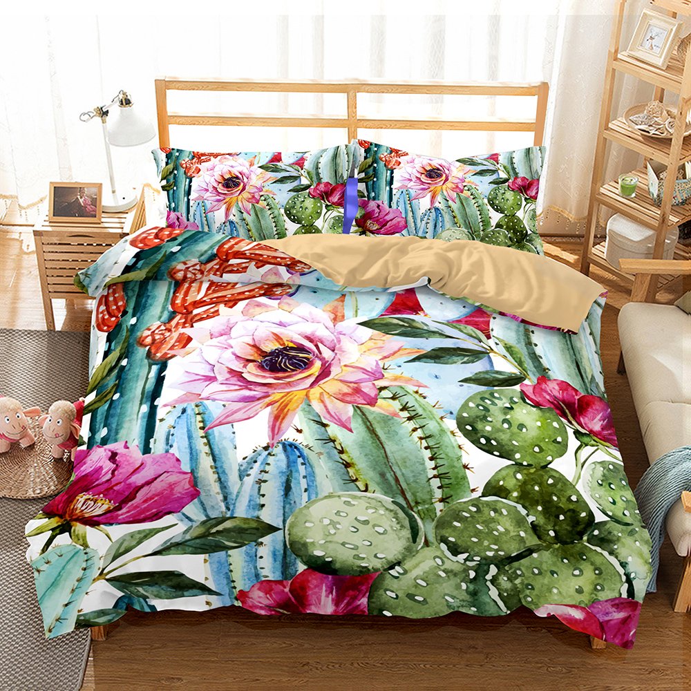 Fansu Women's Cactus Duvet Cover & Pillowcase Bedding Set, Quilt Case With Zipper Closure Single/Double King Bed Super King Microfiber Duvet Set 3D Flower Plant Print (,200X200cm(3Pcs))