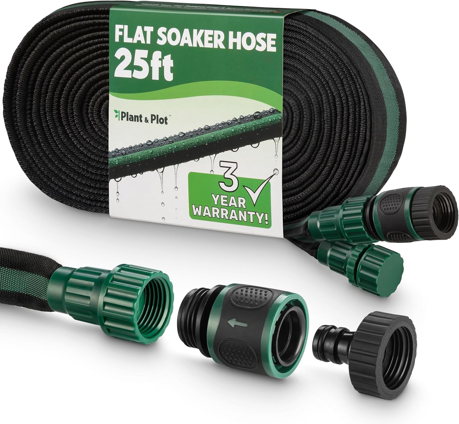 PlantPlot 25ft Flat Soaker Hose - Leakproof Quick Connect Drip Irrigation for Gardens, Lawns, Vegetables & Flowers