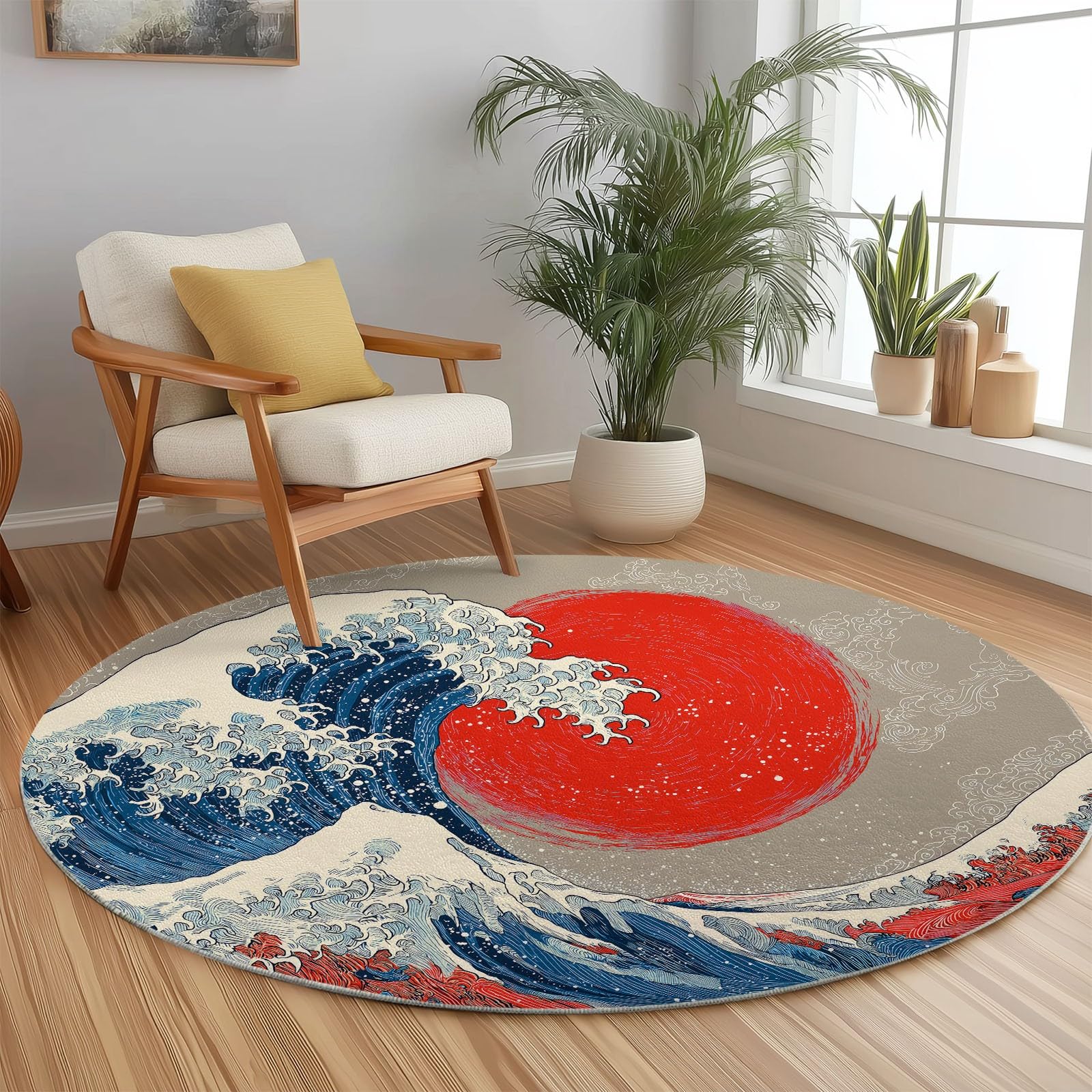 Générique Rond Tapis Japonais pour Salon, Salle à Manger, Chambre à Coucher, Tapis Rond à Poil Court Océan Vagues Soleil Antidérapant Fluffy 100 cm