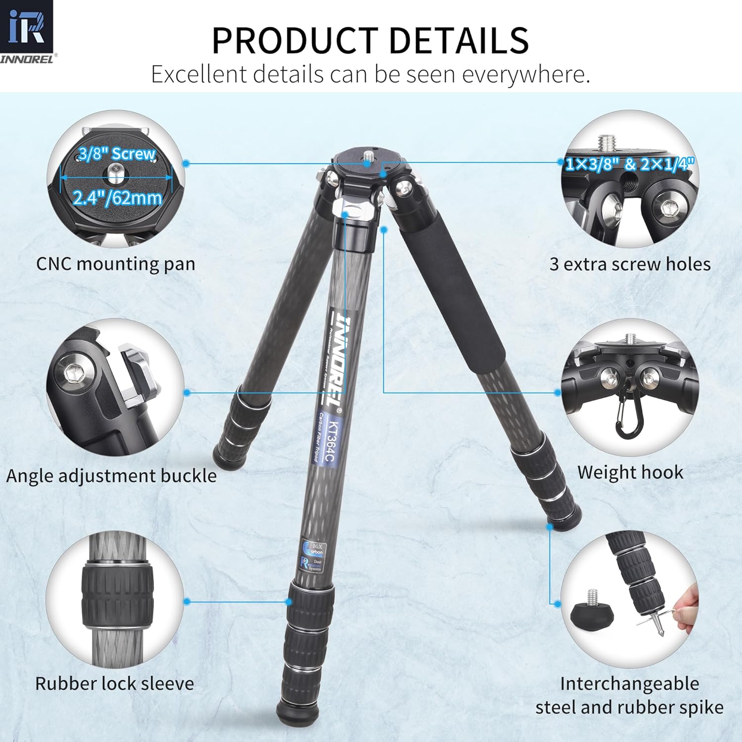INNOREL 10-Layer Carbon Fiber Compact Tripod KT364C Professional 36mm Tube Heavy Duty Camera Stand for Digital DSLR Video Camcorder with 52mm Low Profile Panoramic Ballhead Center Column Load 30kg