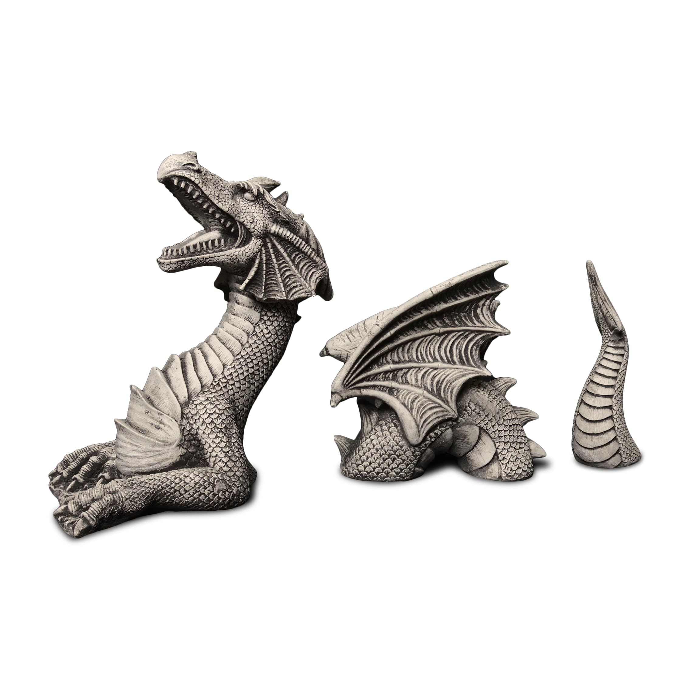 gartendekoparadies.de 3-teiliger Drache, Steinfigur, H. 35 cm, 11 kg, Grau, frostsicher aus Steinguss für Außenbereich