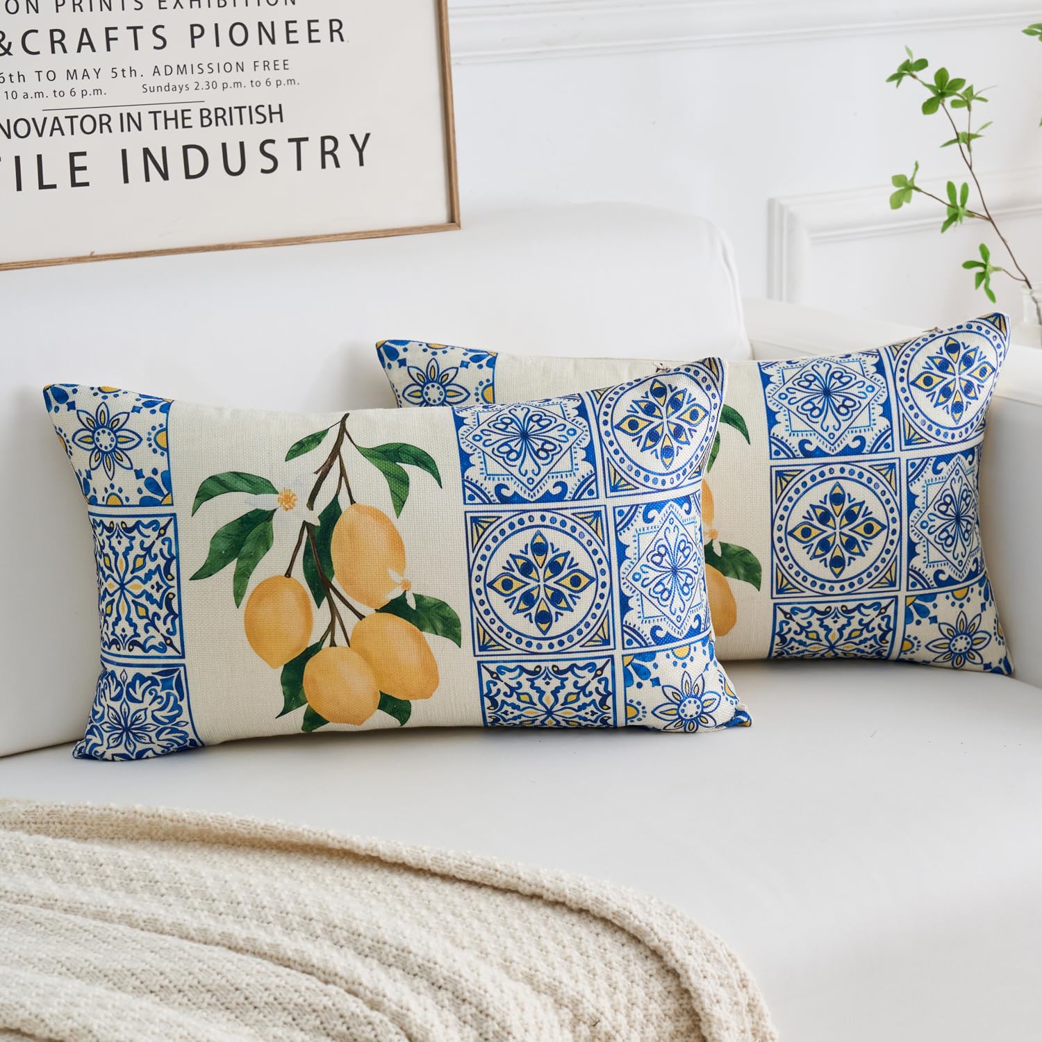 Dokeleen Sofa Cushion Covers 30 x 50 cm Washable Polyester Lemon Bohemian Cushion Covers for Living Room Balcony Garden Patio Set of 2