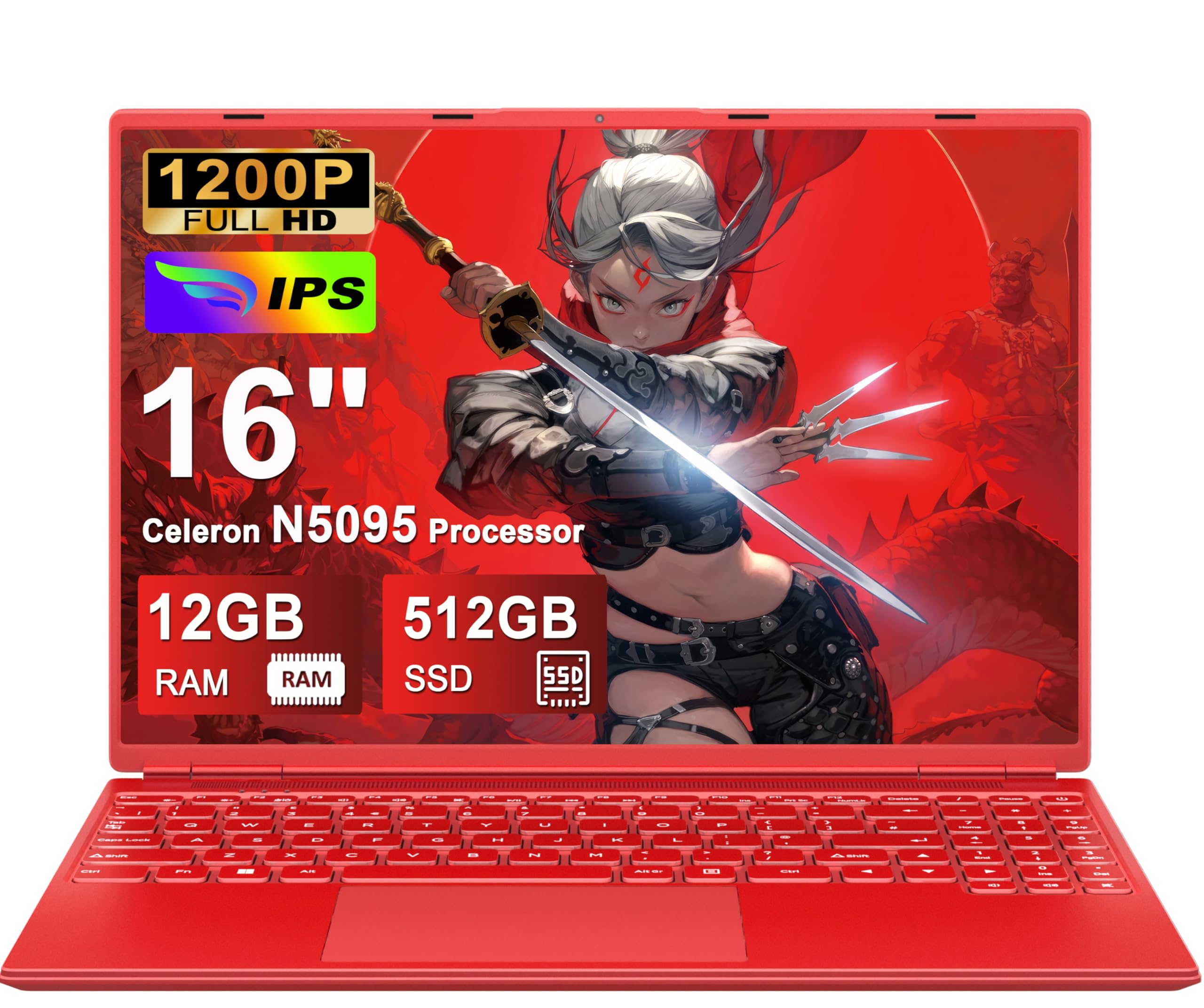 NOTODD PC Portatile Laptop 16 Pollici Portatile 12+512GB 1TB SSD Espansione | Win 11 Notebook Celeron N5095 (fino a 2.9Ghz) 丨Ventola Raffreddamento丨Supporto 5G WIFI丨1920 * 1200 2K Schermo Doppio-Red