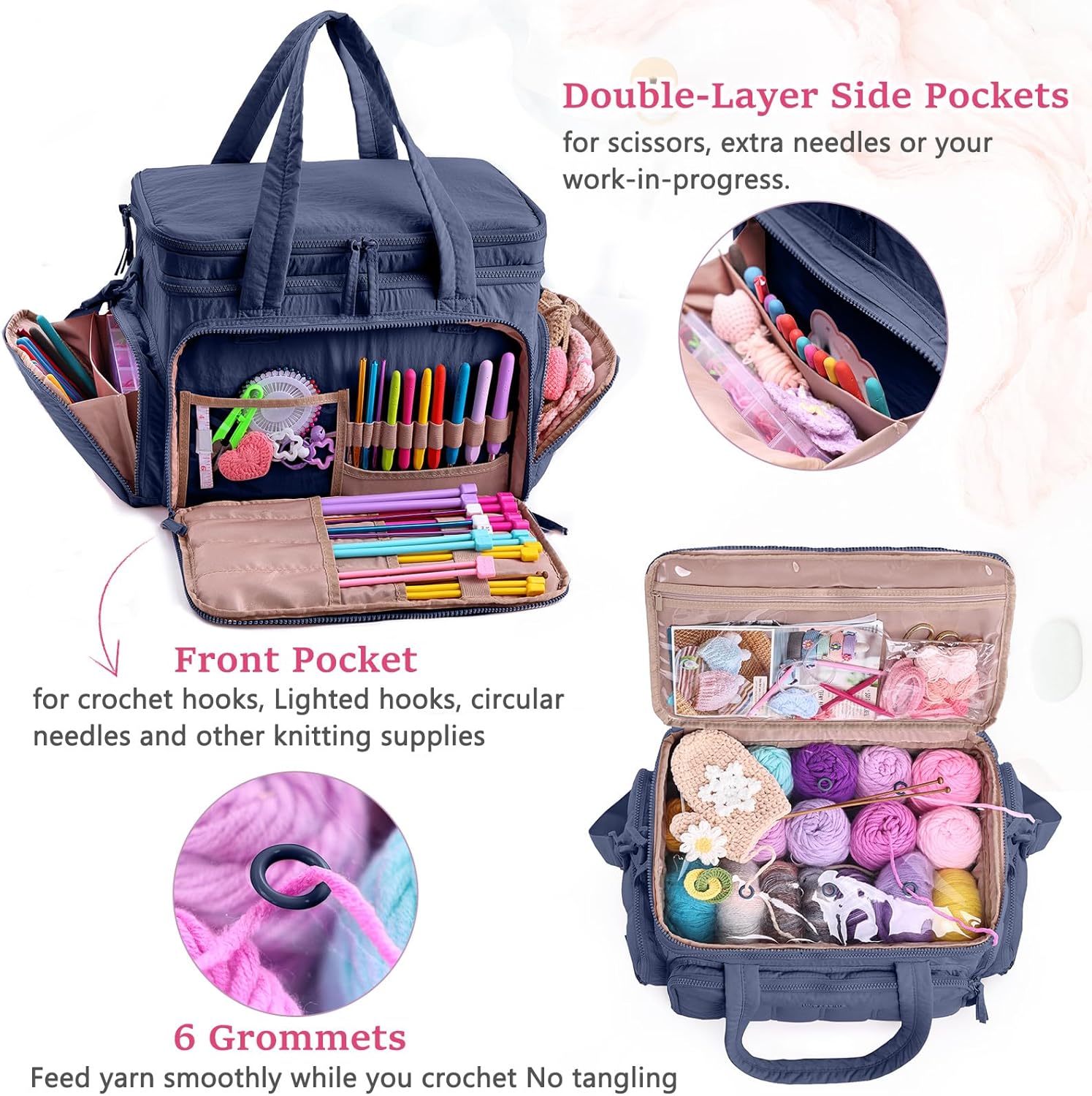 MYBAGZING Large Knitting & Crochet Bag Organizer for Yarn Storage, Double-Layer Knitting Project Bag with 6 Grommets, Yarn Organizer Tote for Knitting Supplies Crochet Hooks & Accessories Gift for Mom