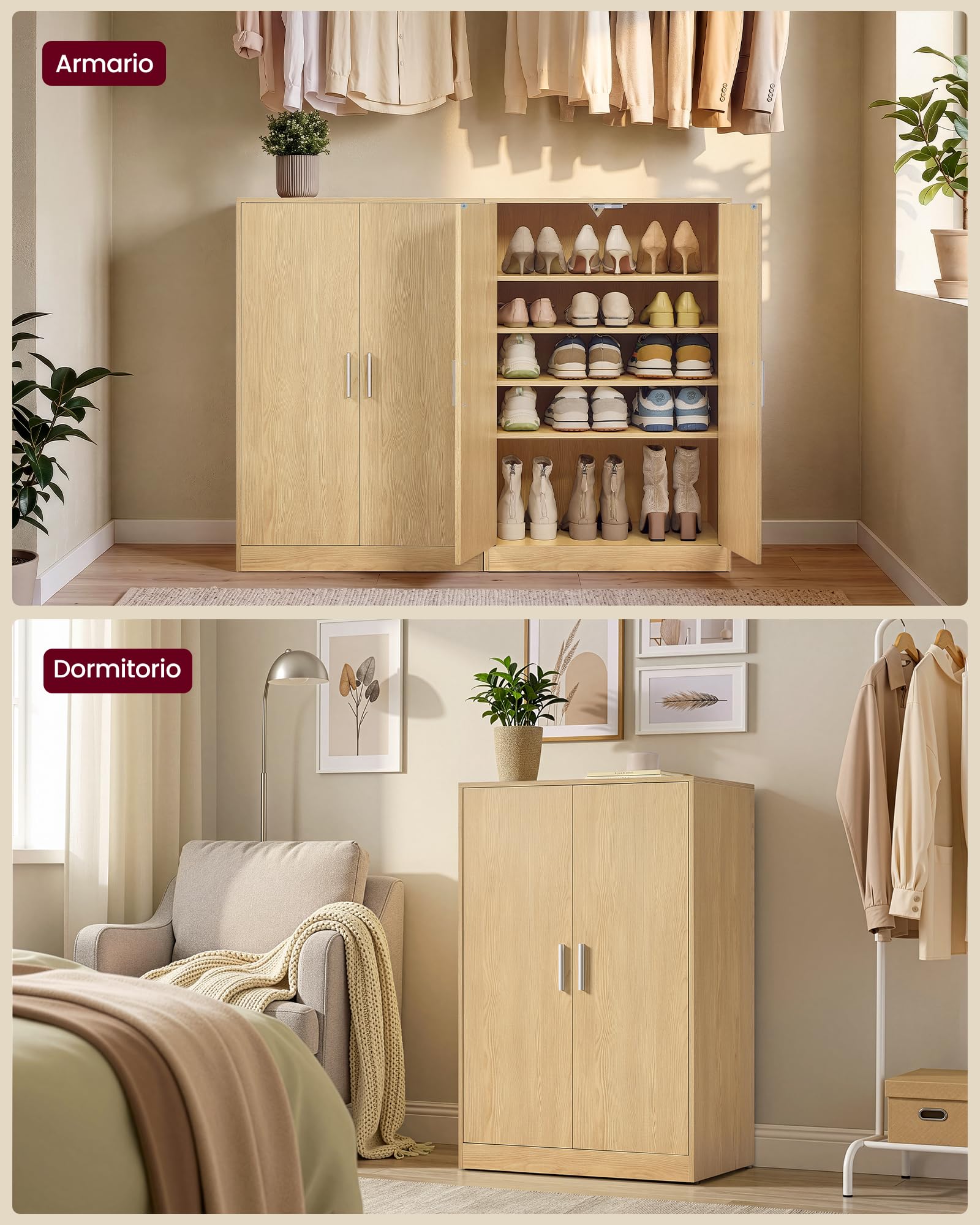 VASAGLE Zapatero Armario con Puertas, Mueble Zapatero de Entrada Moderno con Estantes Ajustables, Estrecho, 5 Estantes, para 12-15 Pares, 2 Puertas, Amarillo Almendra HSC501YJ01