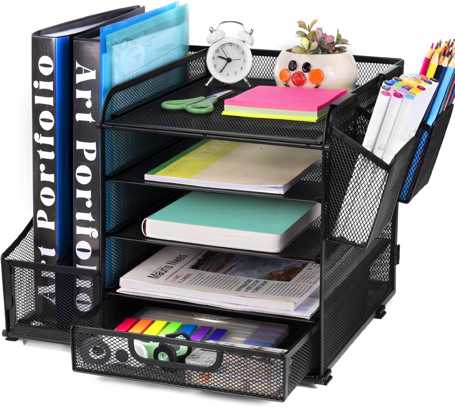 Organizador de escritorio con bandeja de archivos, cajón, soportes para bolígrafos, soporte para revistas para accesorios de oficina y papeles,