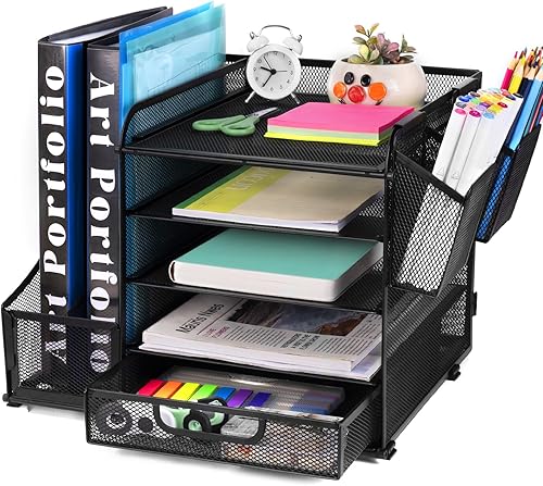 Organizador de escritorio con bandeja de archivos, cajón, soportes para bolígrafos, soporte para revistas para accesorios de oficina y papeles,
