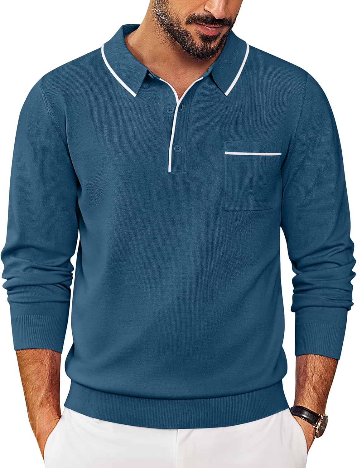 COOFANDY Mens Knit Polo Long Sleeve Collared Sweater Polo Business Casual Polos with Pocket