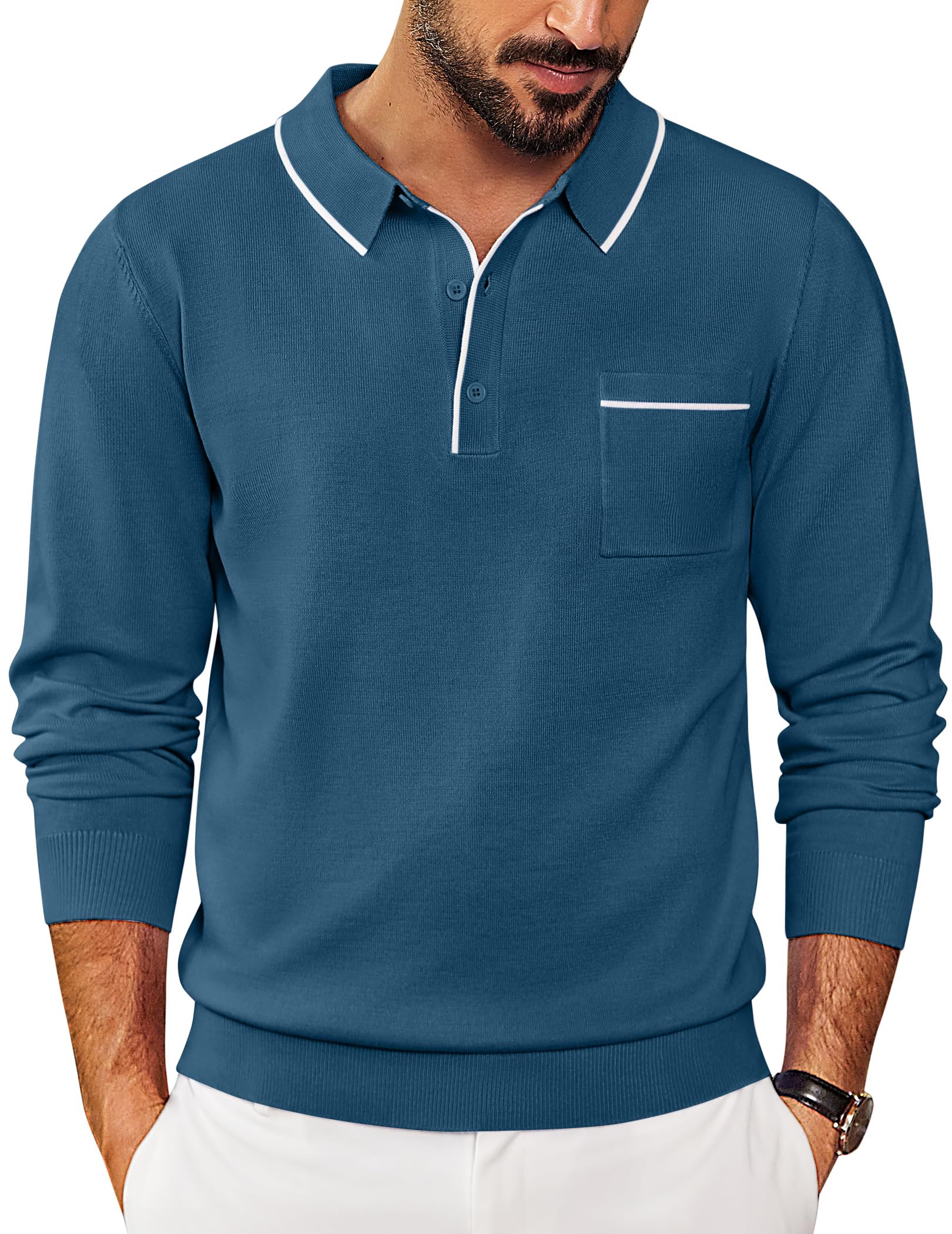 COOFANDY Mens Knit Polo Long Sleeve Collared Sweater Polo Business Casual Polos with Pocket