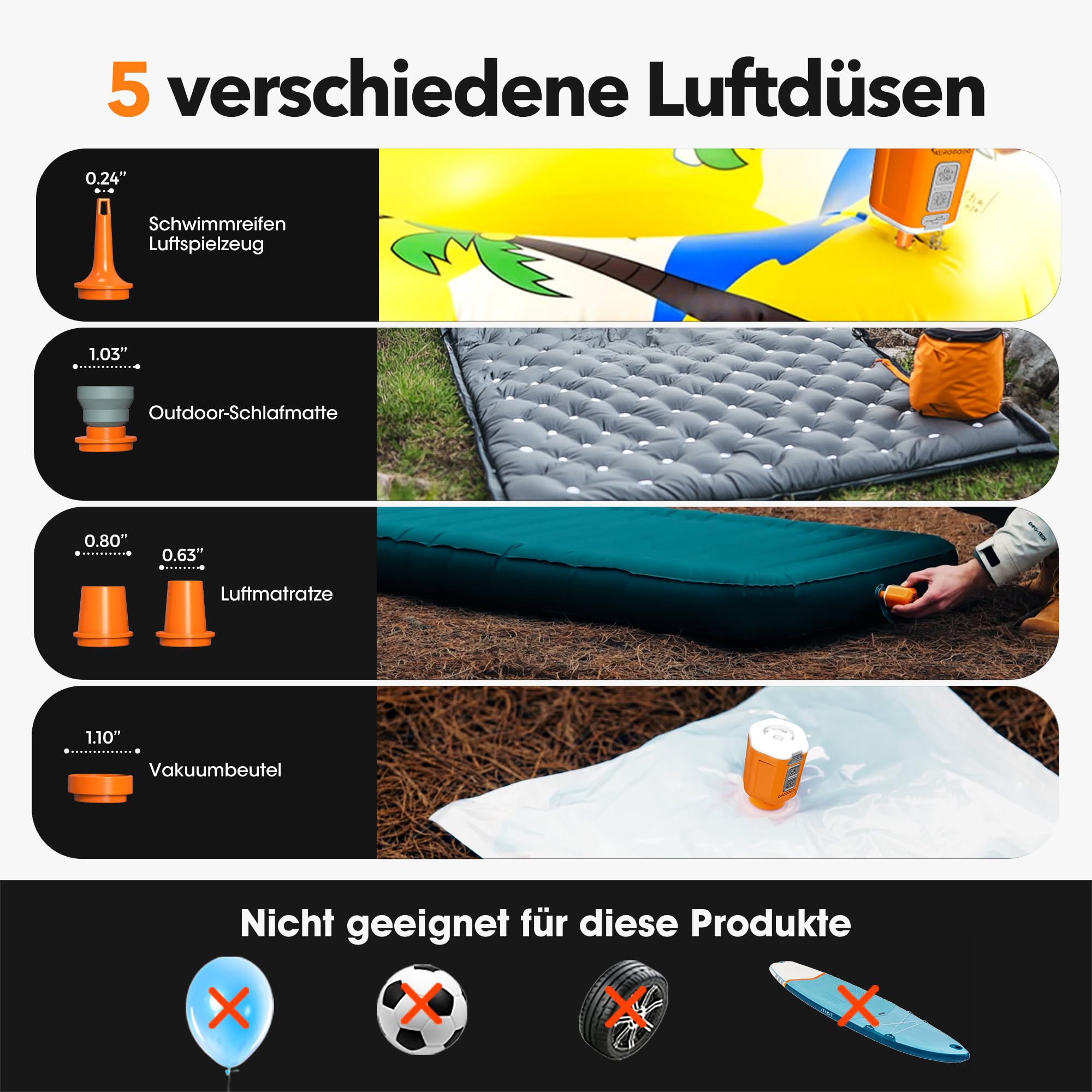 GIGA Pump 4.0 Elektryczna mini pompka powietrza do materaca powietrznego, przenośna pompa z akumulatorem 1300 mAh, 5 dysz powietrznych, ultralekka pompa powietrza do kółek pływackich, do worków