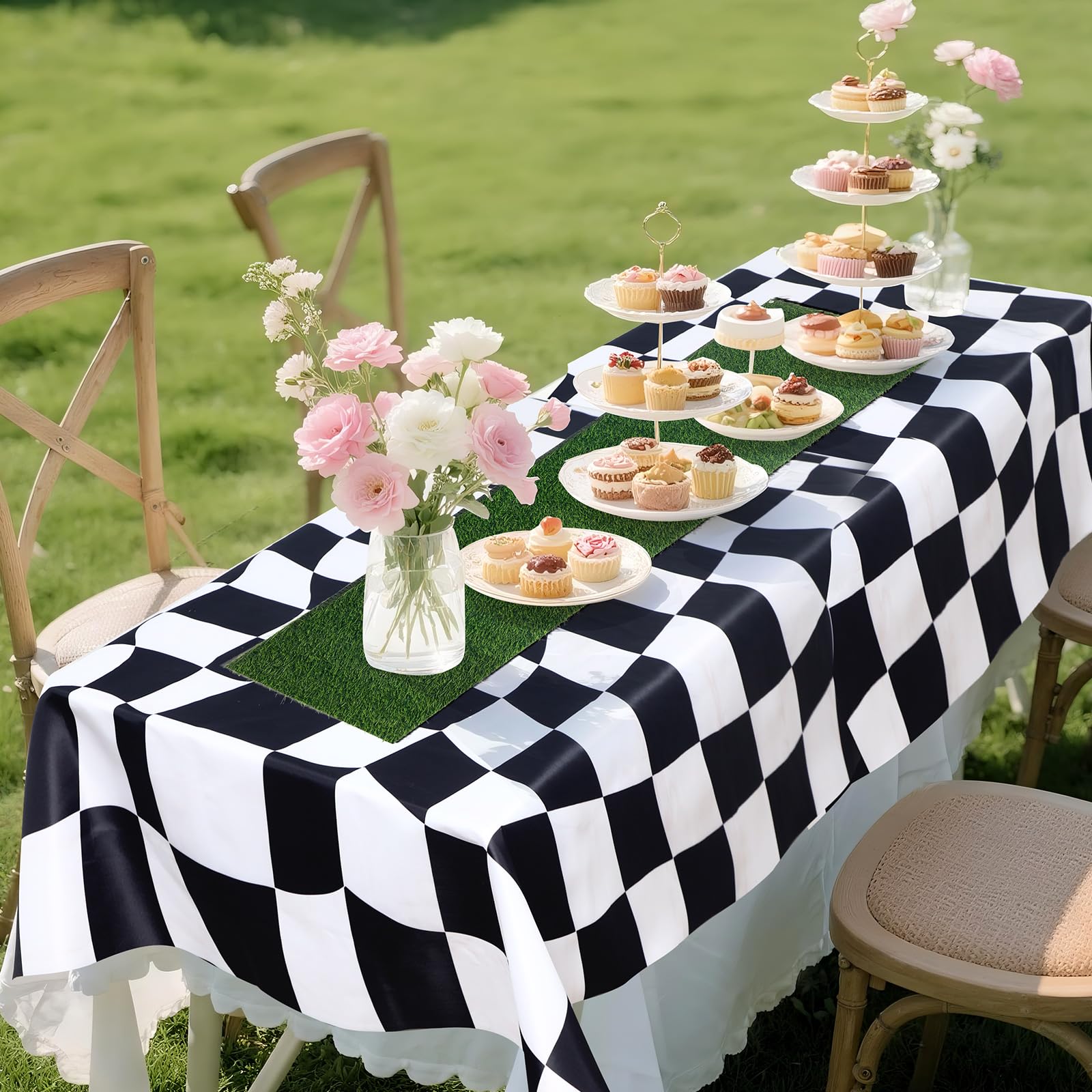 Preboun 2 Pcs Wonderland Party Table Cover Set 51 x 9 Inches Wonderland Black and White Checkered Tablecloth with Green Artificial Grass Table Runners Sock Hop Party Decorations for Halloween
