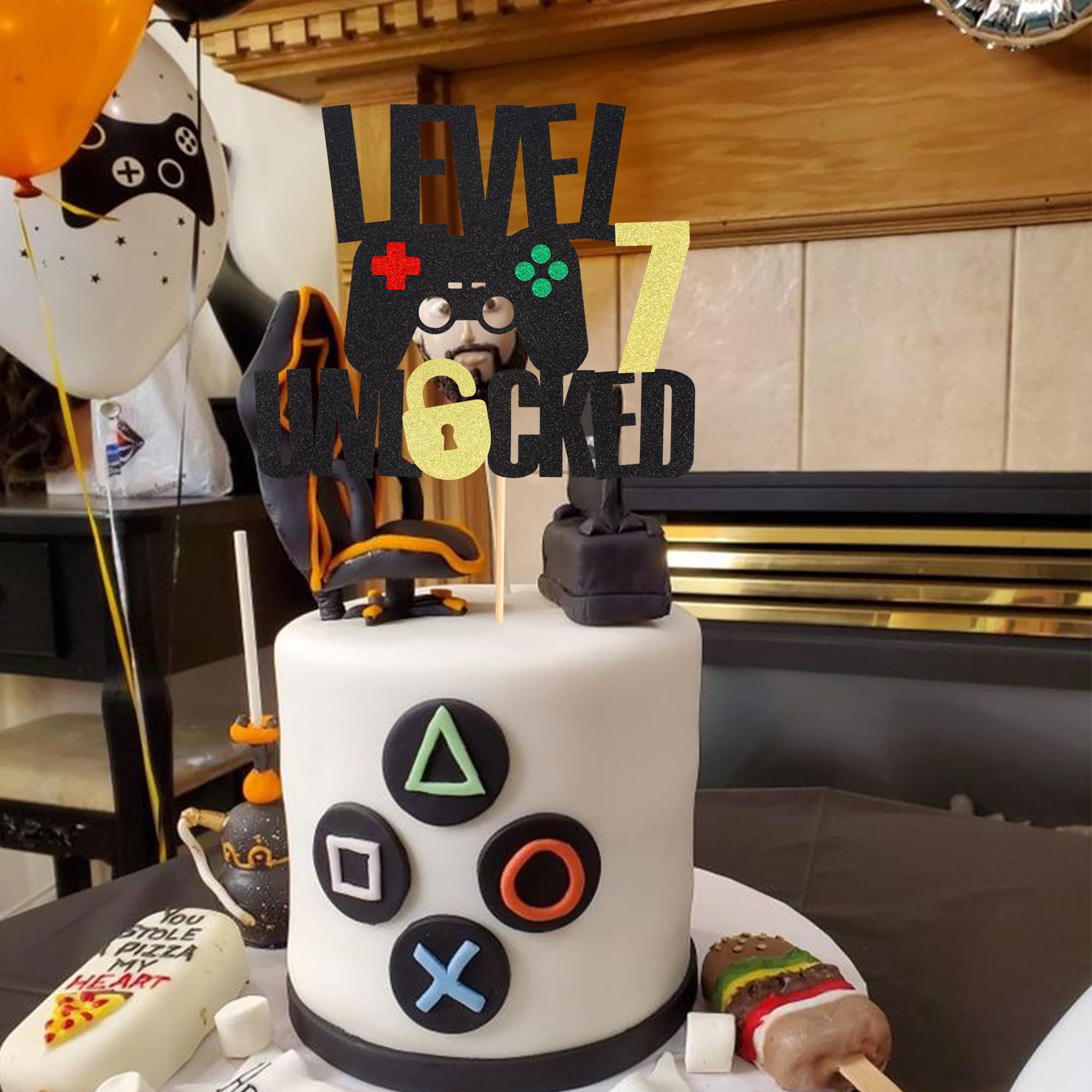 Level 7th Unlocked Cake Topper - Video Game Theme Birthday Decor For Boy Or Girl, Double Sided Glitter