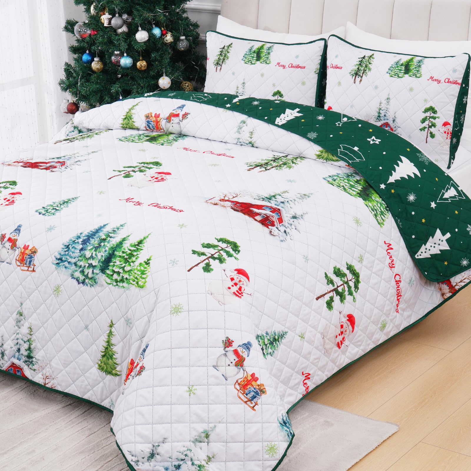 3 Pieces Christmas Quilt Set Queen, Lightweight Reversible Christmas Tree Snowman Comforter Bedding Set, Soft Microfiber Quilts Bedspread Coverle Merry Xmas, 1 Quilt 90