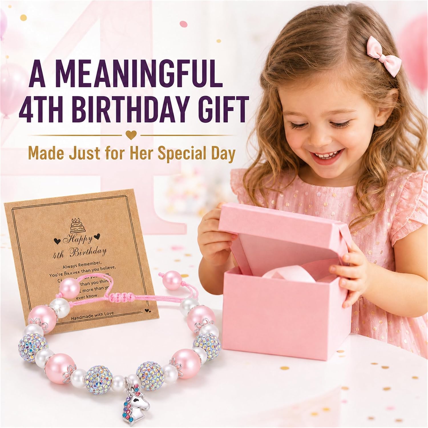 Unicorn Bracelet for Girls, Pink Pearl Charm Jewelry Adjustable image 2