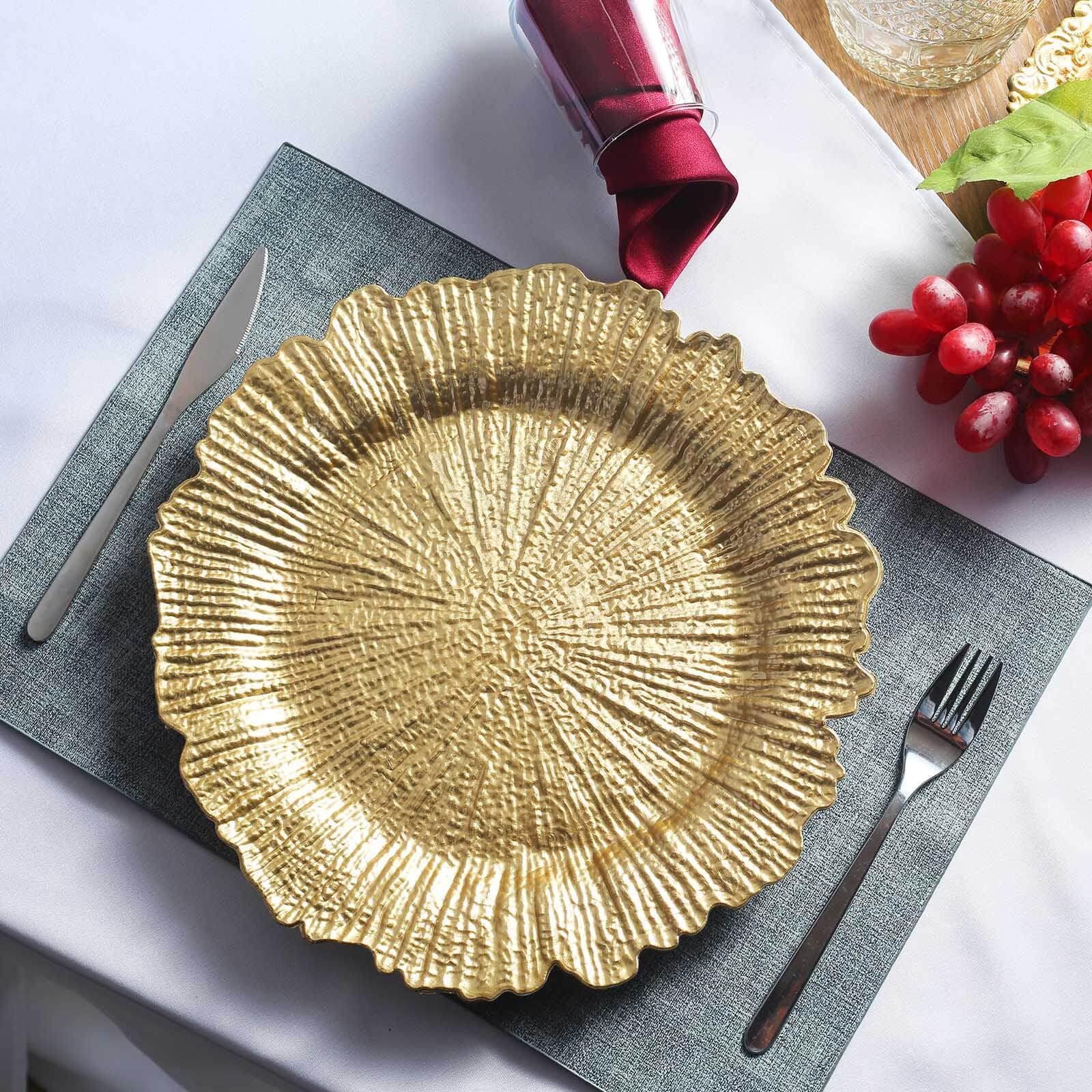 13" Charger Plates - Set of 12 - Acrylic Gold Round Reef Disposable Chargers, Ideal for Dinner Party Wedding Holiday Bulk Events