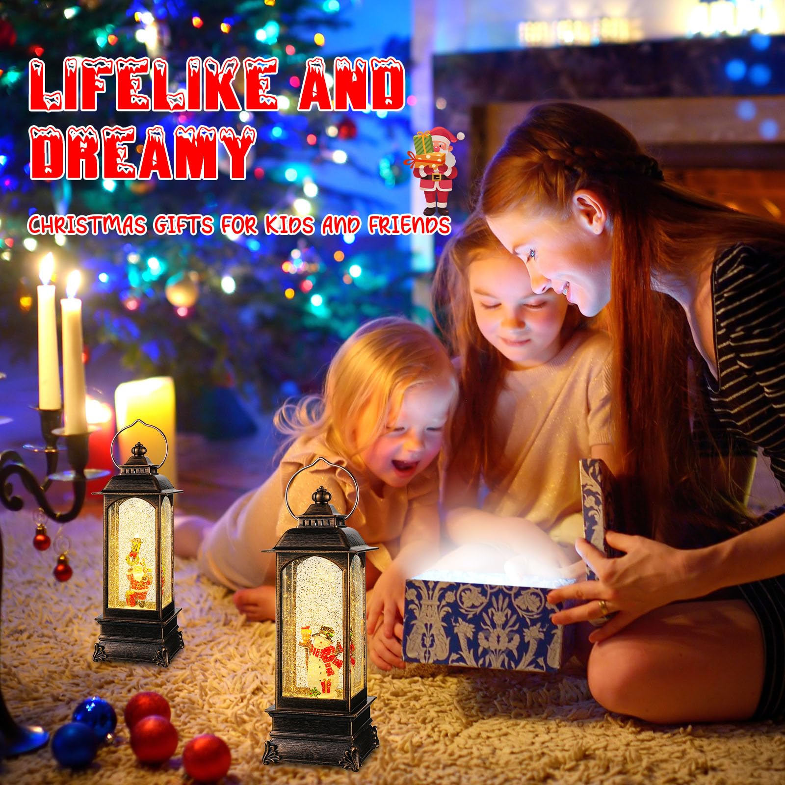Yilloog 4 Pcs Christmas Musical Snow Globe Lantern Singing Battery Operated Plug in Musical Lighted Christmas Snow Spinning Water Glittering Snow Globe Home Decoration Gift Santa Claus Xmas Tree Decor